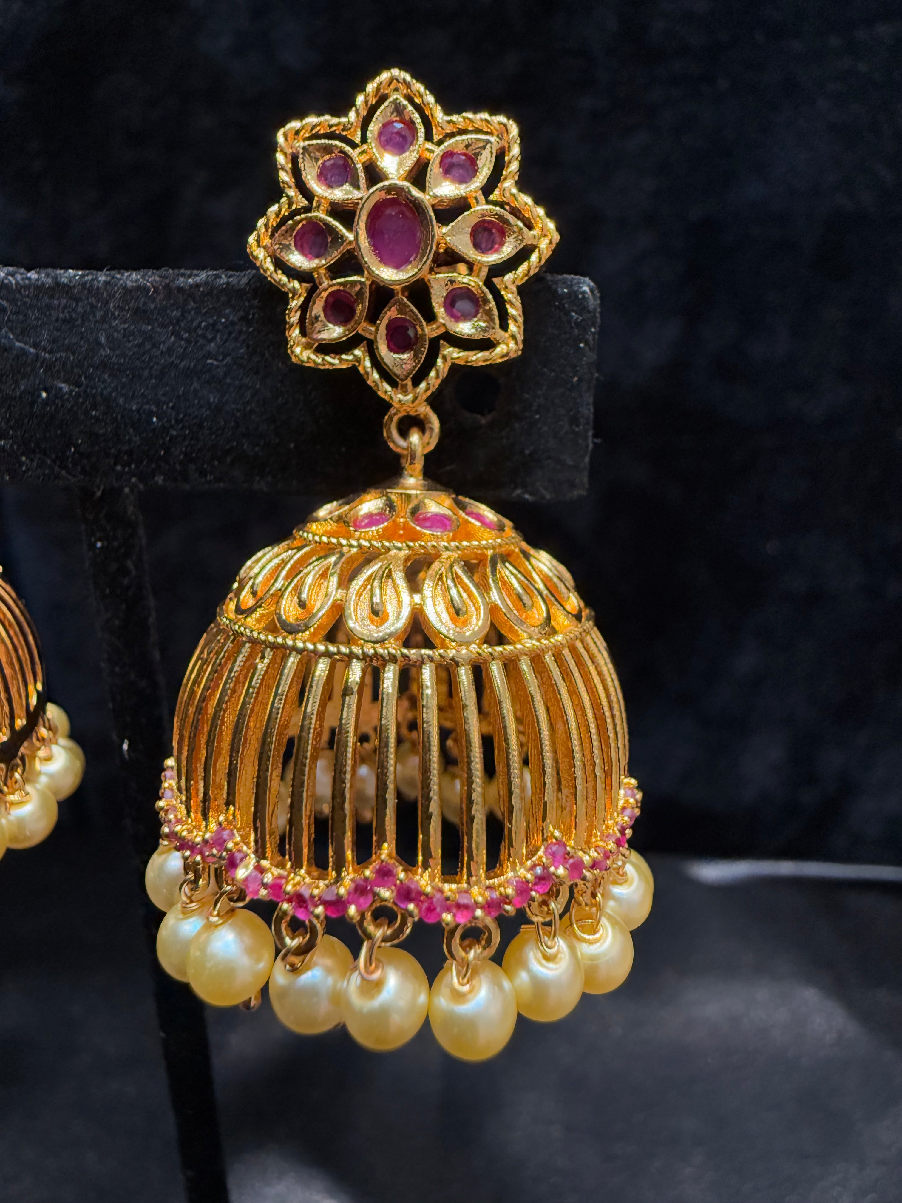 Elegant Gold Plated Designer Jhumka Earrings with Pink Stone and Pearl Drop - Perfect for Weddings, Parties & Festive Occasions