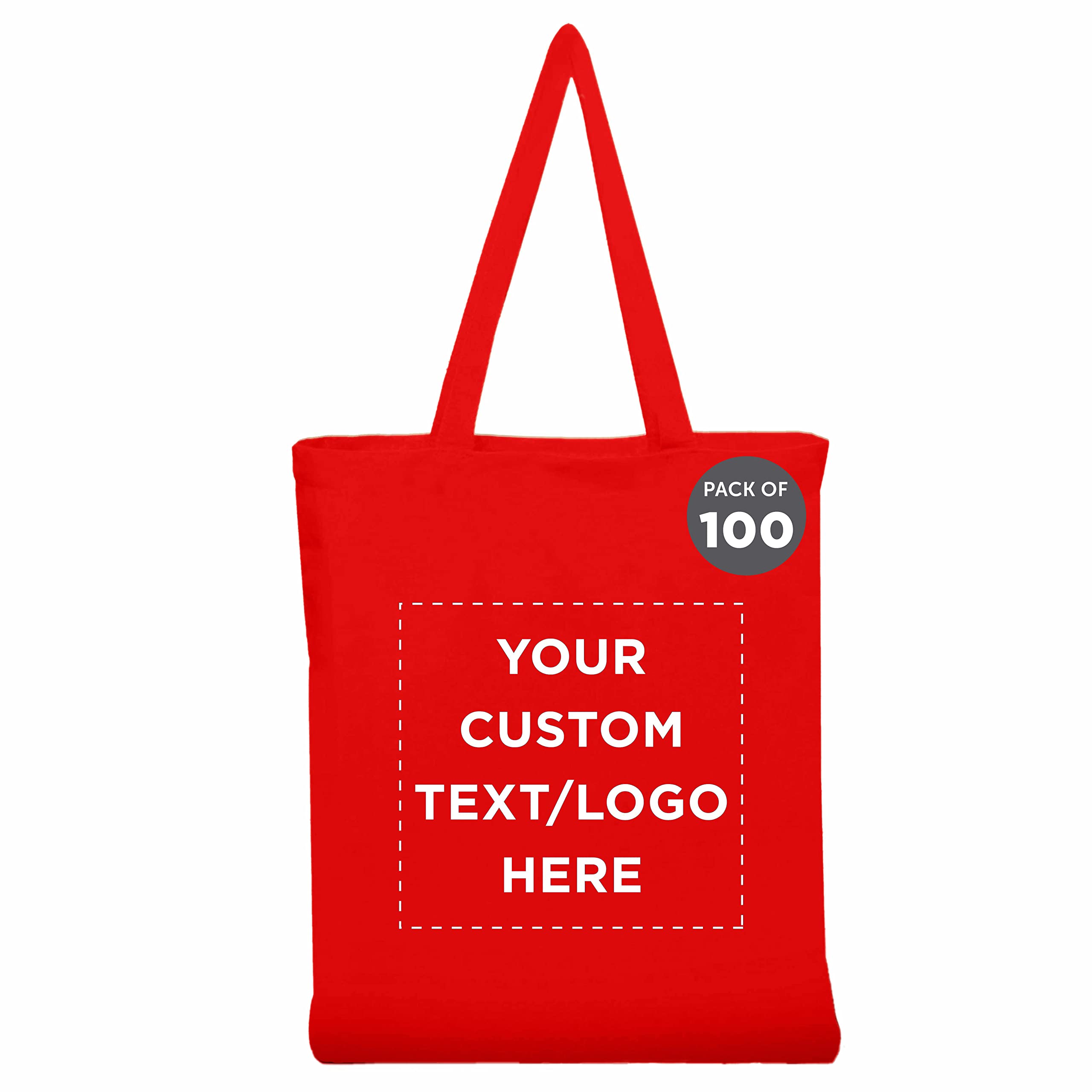 Custom Cotton Canvas Tote Bags Bulk Pack - 100 Reusable Eco-Friendly Shopping Bags with Personalization Option | Perfect for Grocery, Beach, Picnic, Wedding Favors & Promotional Events (Red)
