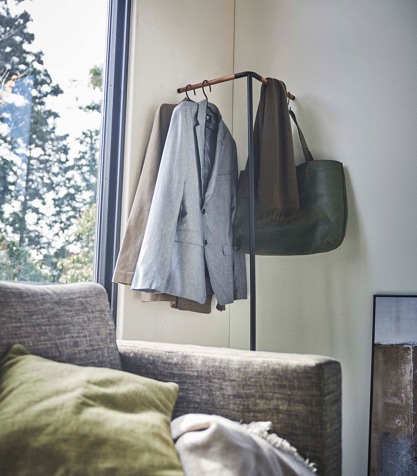 Corner Leaning Coat Hanger - 63 Inches Tall, Sturdy Steel Frame with Wooden Hooks - Space-Saving Wall Mounted Clothes Rack for Bedroom, Entryway or Closet Organization