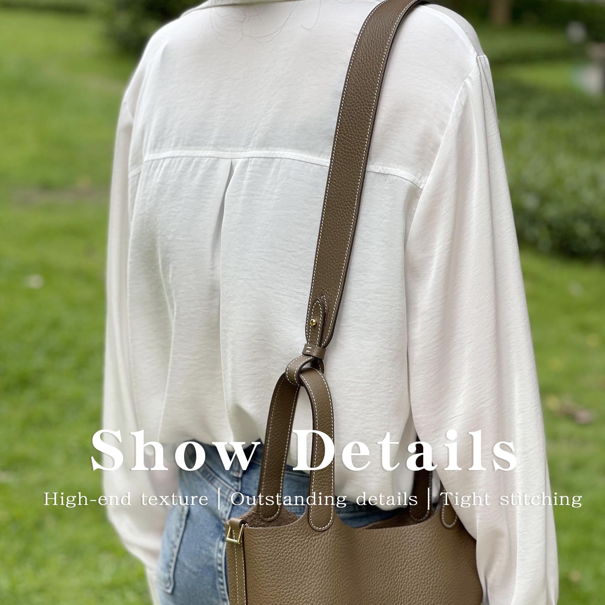 Handmade Genuine Cowhide Leather Strap for Hermes Picotin, Lindy, Evelyne Bags - Adjustable Crossbody Purse Strap (27.6 Inch Length, 1.1 Inch Width) - Etoupe Grey with Gold Studs - Perfect for Everyday Use, Travel & Fashion Accessories