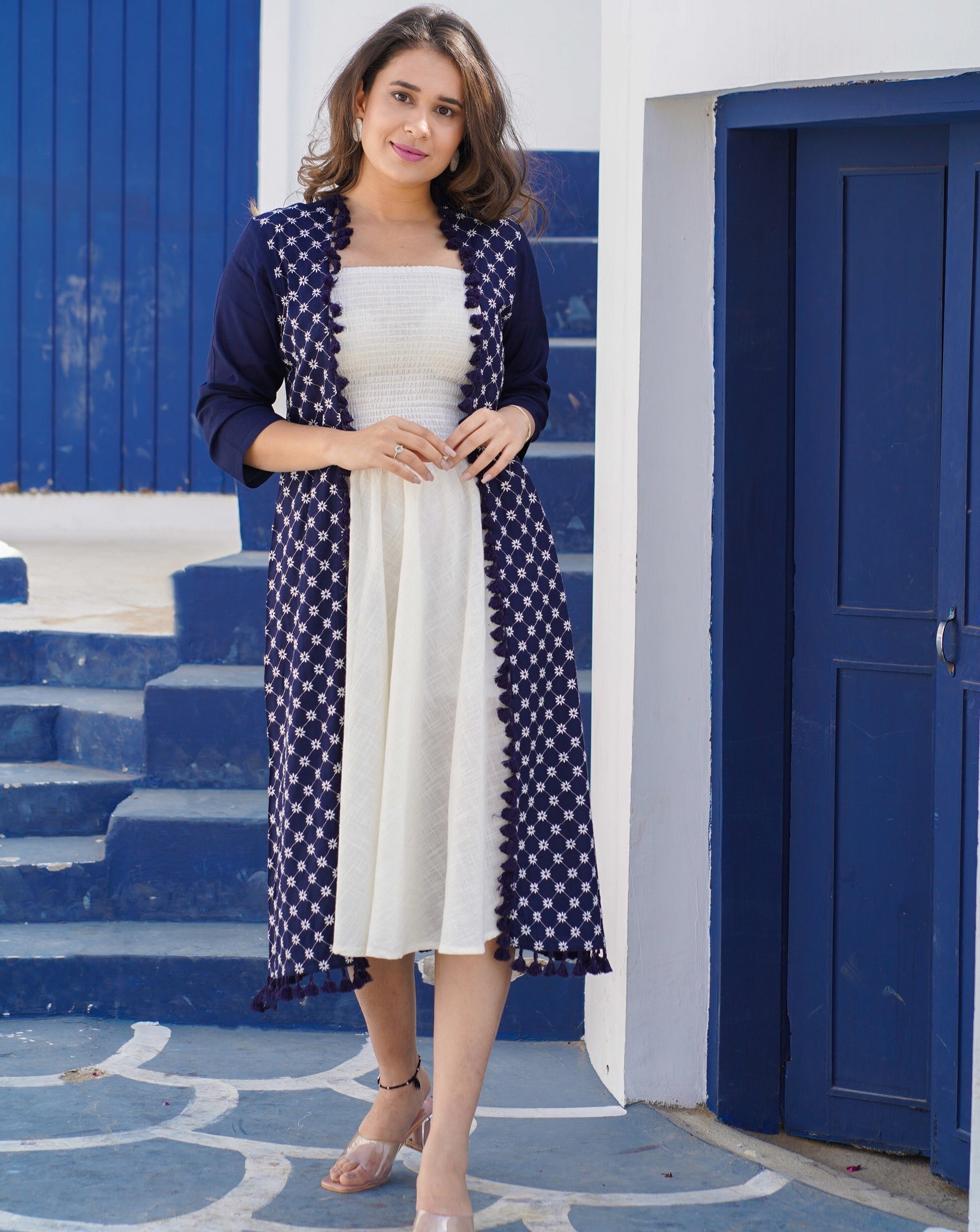 Elegant Blue Embroidered Jacket Maxi Dress for Women - Boho Chic Floral Embroidery Long Dress for Beach Wedding, Party & Special Occasions