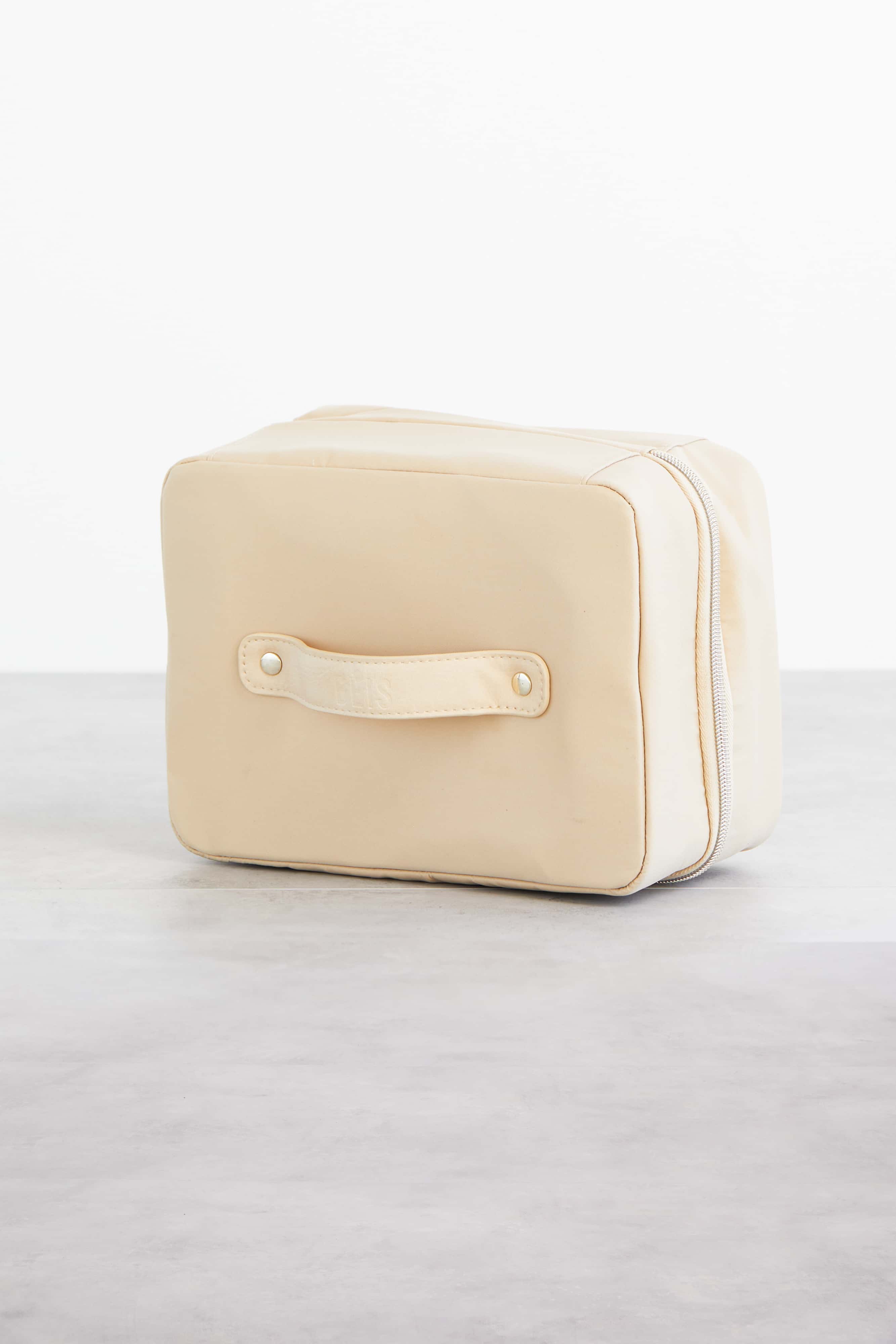 Beige Hanging Cosmetic Bag - Travel Makeup Organizer with Hooks for Bathroom, Dorm, or Gym Storage | Portable & Spacious Toiletry Pouch