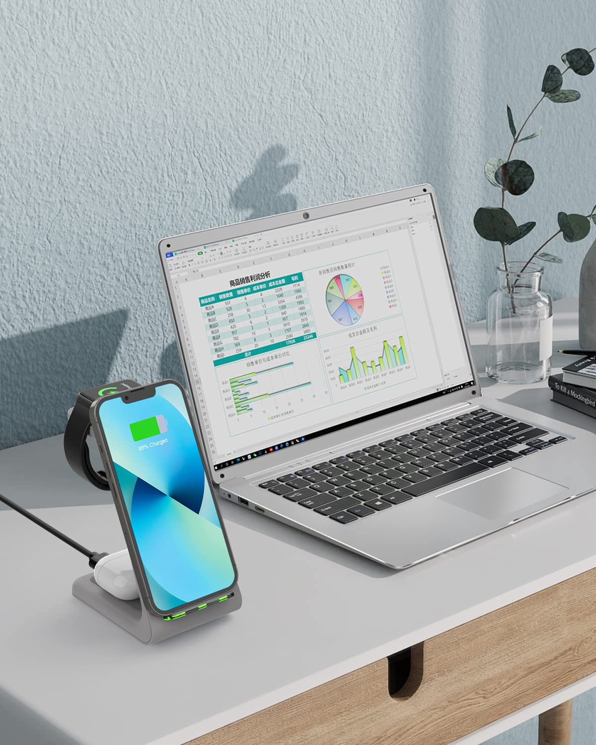 GEEKERA 3-in-1 Fast Wireless Charging Station for iPhone 16/15/14/13/12/11 Pro Max/XR/XS/X, Apple Watch Ultra/9/SE/8/7/6/5/4/3/2 & AirPods Pro/4/3/2 - Compact Nightstand Charger for Bedroom, Office & Travel (Grey)