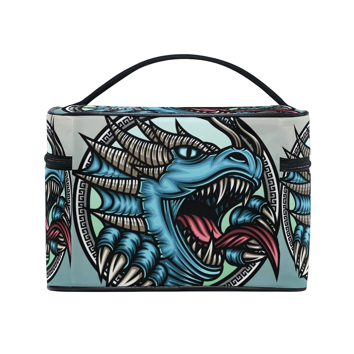 Angry Blue Dragon Dinosaur Cosmetic Bag - Waterproof Makeup Organizer with Zipper for Women & Girls - Perfect for Travel, Gym, and Daily Beauty Storage