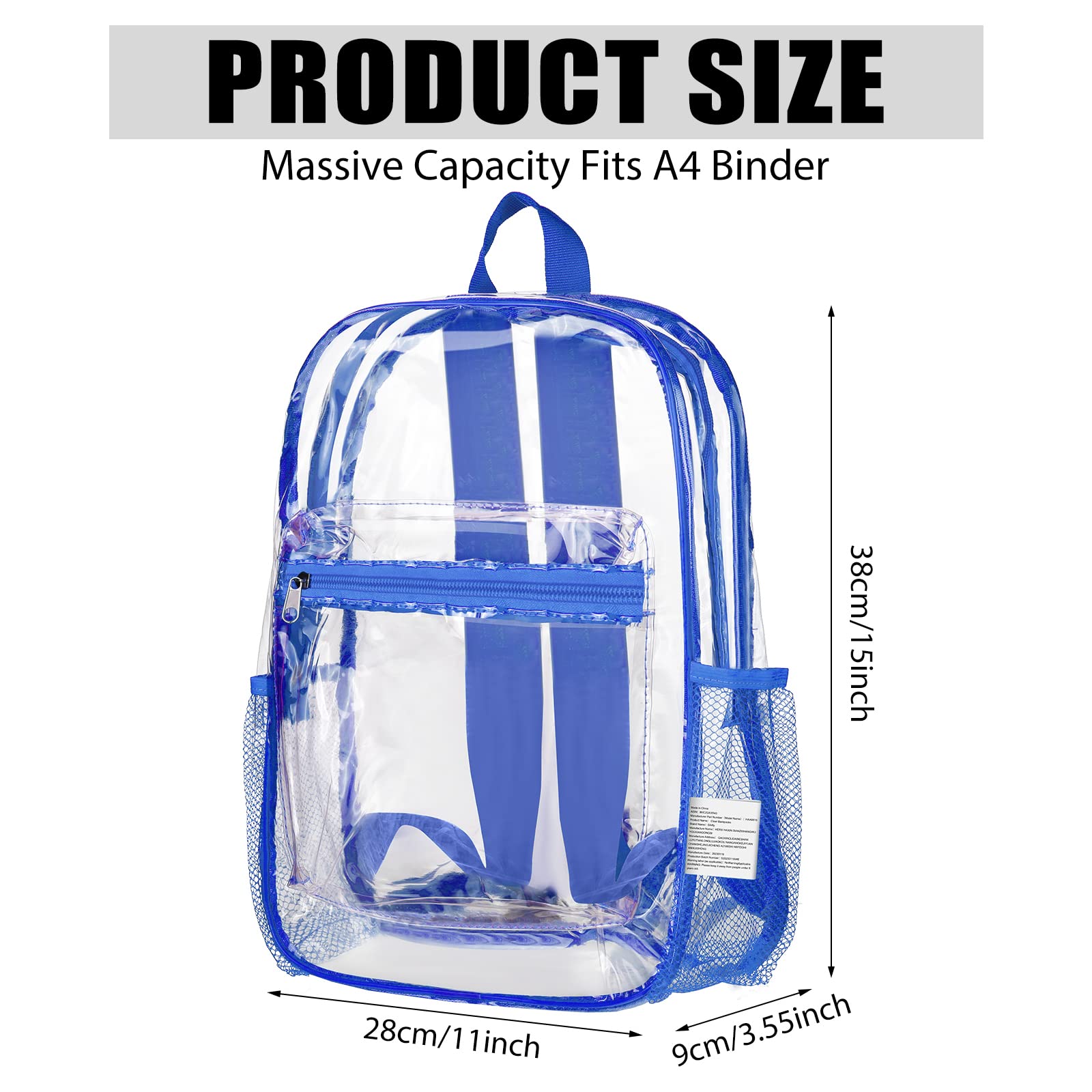 48 Pack Clear PVC Backpacks Bulk - Heavy Duty Transparent Bookbags with Pockets for School, Work & Travel (15 x 11 x 3.6 Inches) - Perfect for Stadium Security, Concerts, Airports & Theme Parks