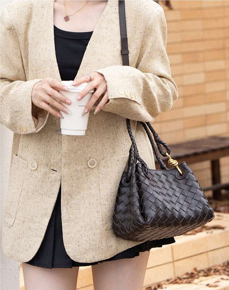 Hand Woven Leather Bucket Bag for Women - Stylish Crossbody Purse with Adjustable Strap - Perfect for Work, Travel & Everyday Use