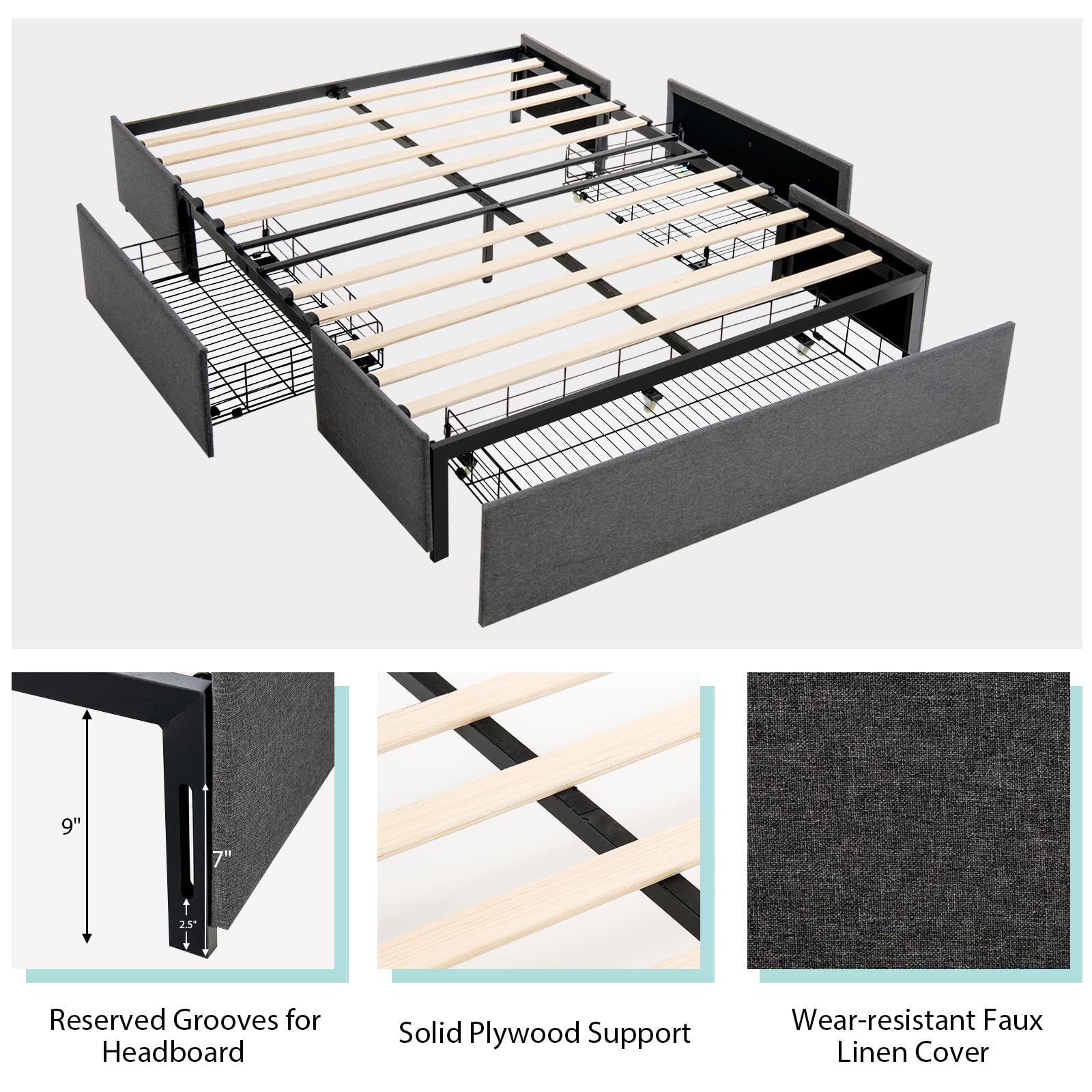 GOFLAME Full Size Platform Bed Frame with 3 Storage Drawers - Upholstered Wooden Slatted Bed, Modern Mattress Foundation with Faux Linen Fabric - No Box Spring Needed, Noise Free, Headboard-Free Design - Perfect for Small Bedrooms, Guest Rooms & Modern Apartments
