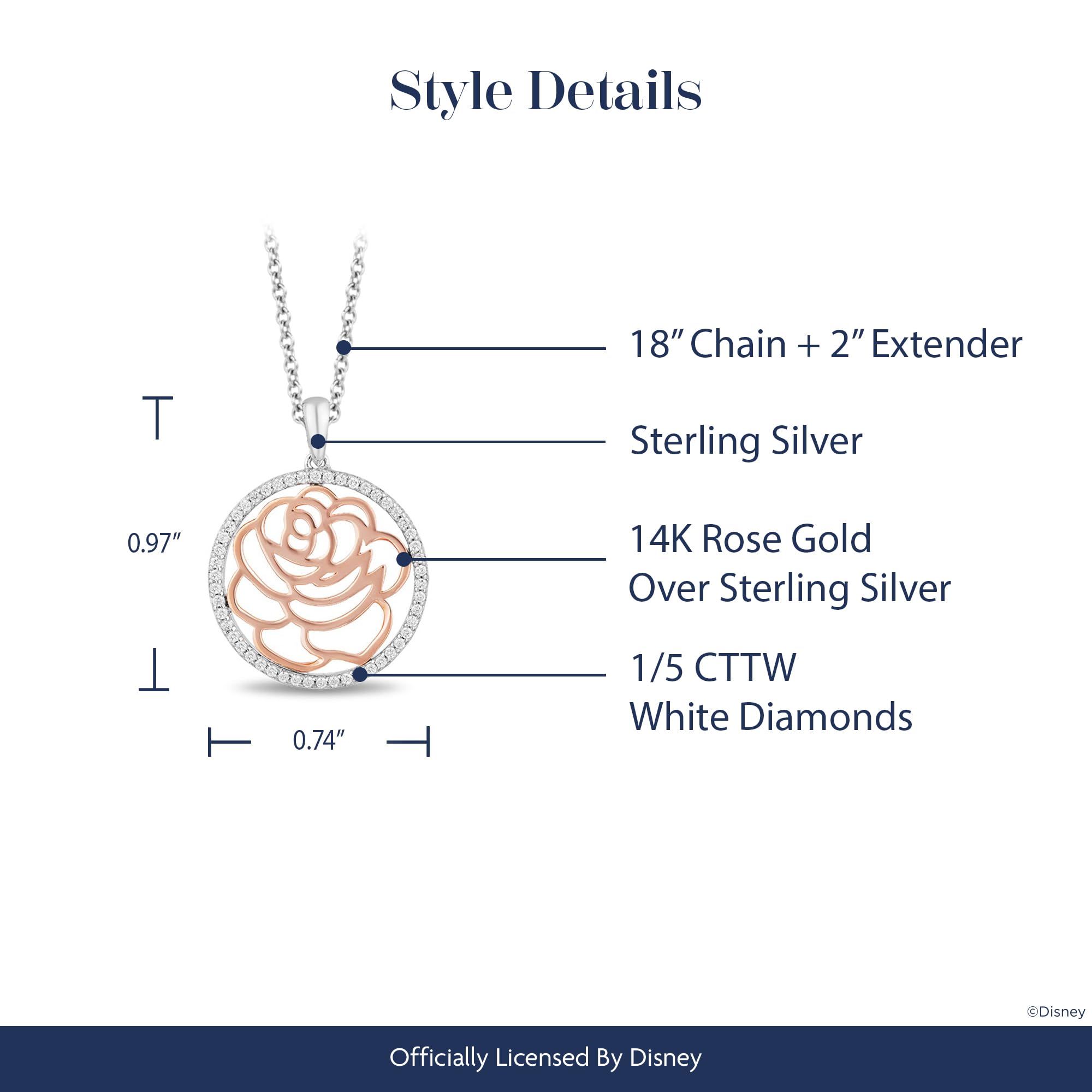 Enchanted Disney Belle Rose Pendant Necklace - 14K Rose Gold Over Sterling Silver with 1/5 Cttw Natural White Round Diamonds | Fine Jewelry Gift for Women, Disney Fans & Princess Lovers | Perfect for Birthdays, Anniversaries & Special Occasions