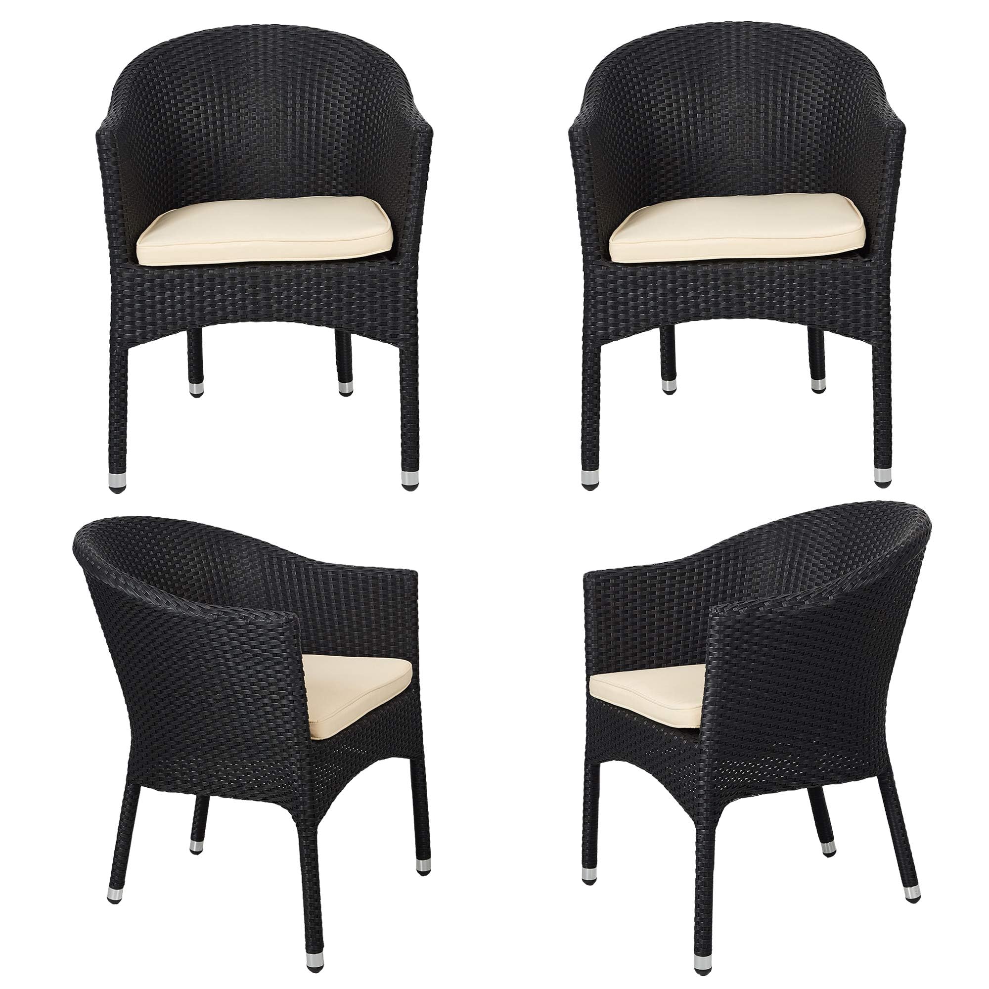 LUCKYERMORE 4-Pack Rattan Dining Chairs with Cushions - All-Weather Stackable Wicker Patio Chairs for Outdoor Garden, Balcony, Lawn & Backyard - Black Plastic Furniture Set for Relaxing & Entertaining