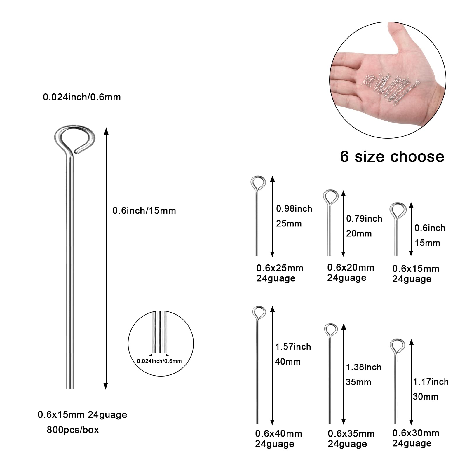 304 Stainless Steel Jewelry Eye Pins - 24 Gauge 0.6x15mm Silver Head Open Eye Pins (800pcs) - Perfect for DIY Earrings, Necklaces, Bracelets & Charms - Jewelry Making Supplies & Findings for Crafters