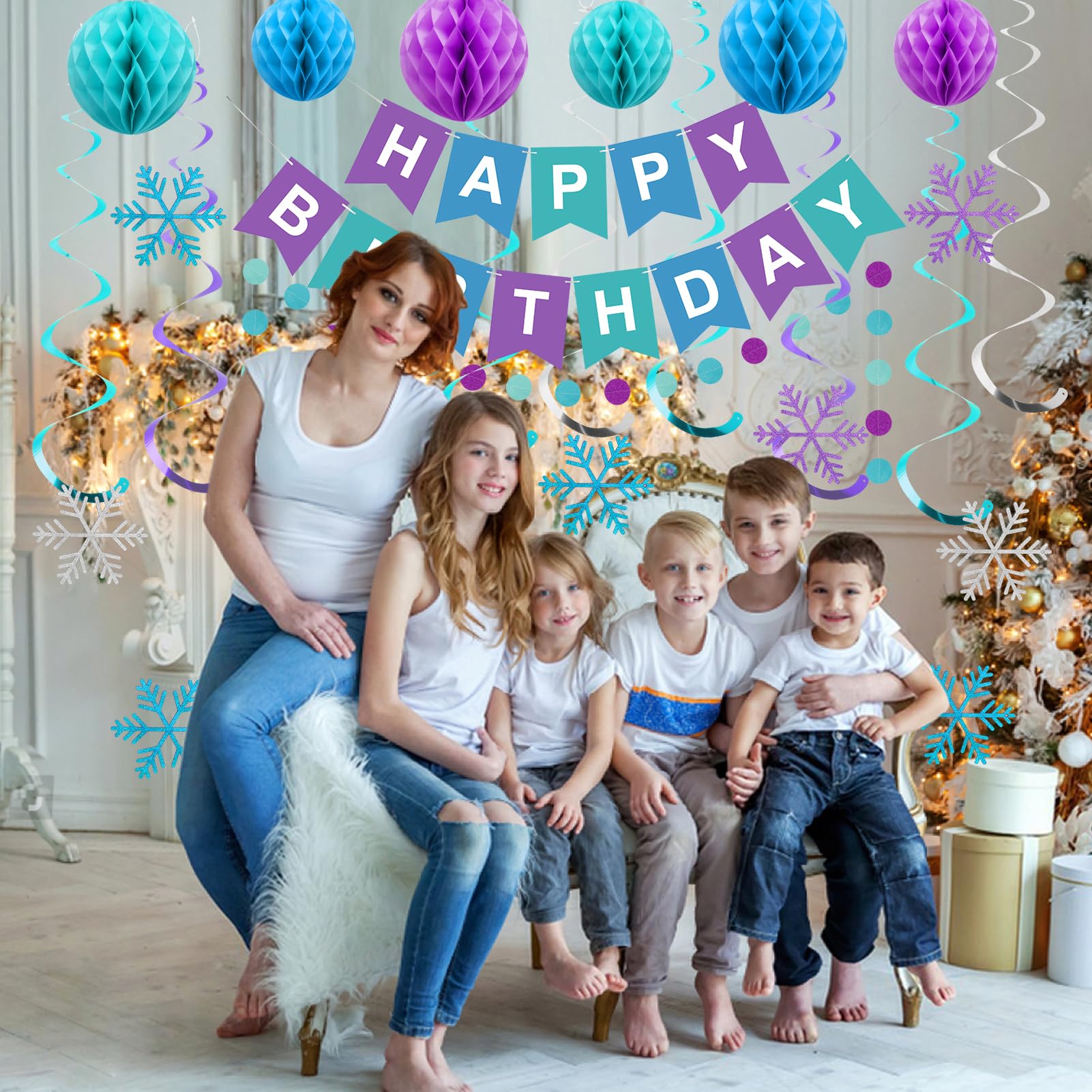 Meowtastic Frozen Birthday Party Decorations Kit - Happy Birthday Banner, Honeycomb Balls, Snowflake Hanging Swirls & Circle Dot Garlands - Winter Themed Birthday Decor for Boys & Girls - Perfect for Frozen Themed Parties, Winter Celebrations & Kids Birthday Decorations