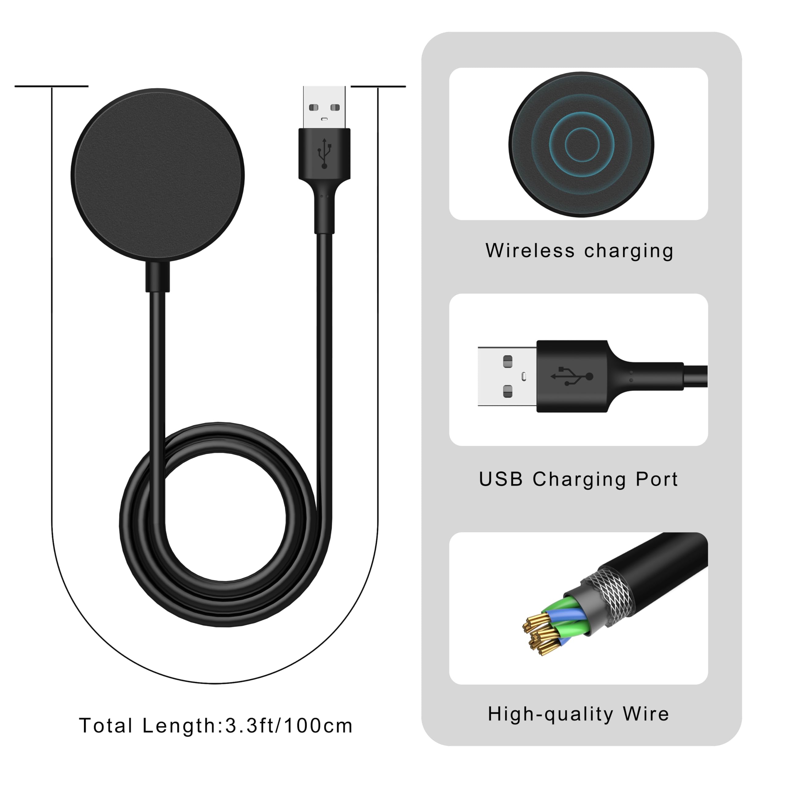 2-Pack Wireless Charger Cable for Samsung Galaxy Watch 6/6 Classic/5/5 Pro/4/4 Classic/3/Active - 3.3ft Replacement Charging Dock (Black) | Perfect for Home, Office & Travel Use