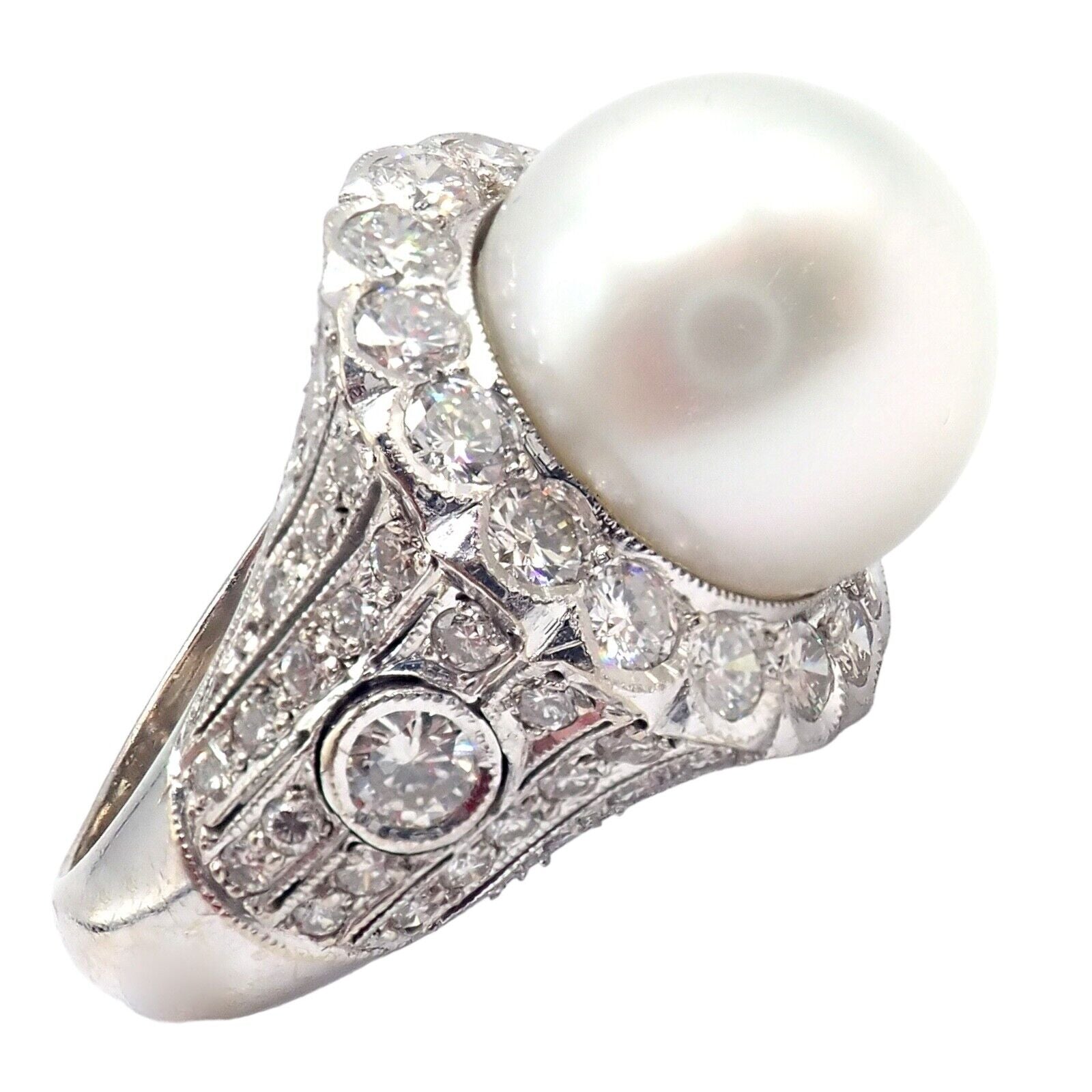 Vintage 18k White Gold Diamond & 12.5mm Pearl Cocktail Ring for Women - Elegant Bridal, Anniversary, or Evening Party Jewelry Gift