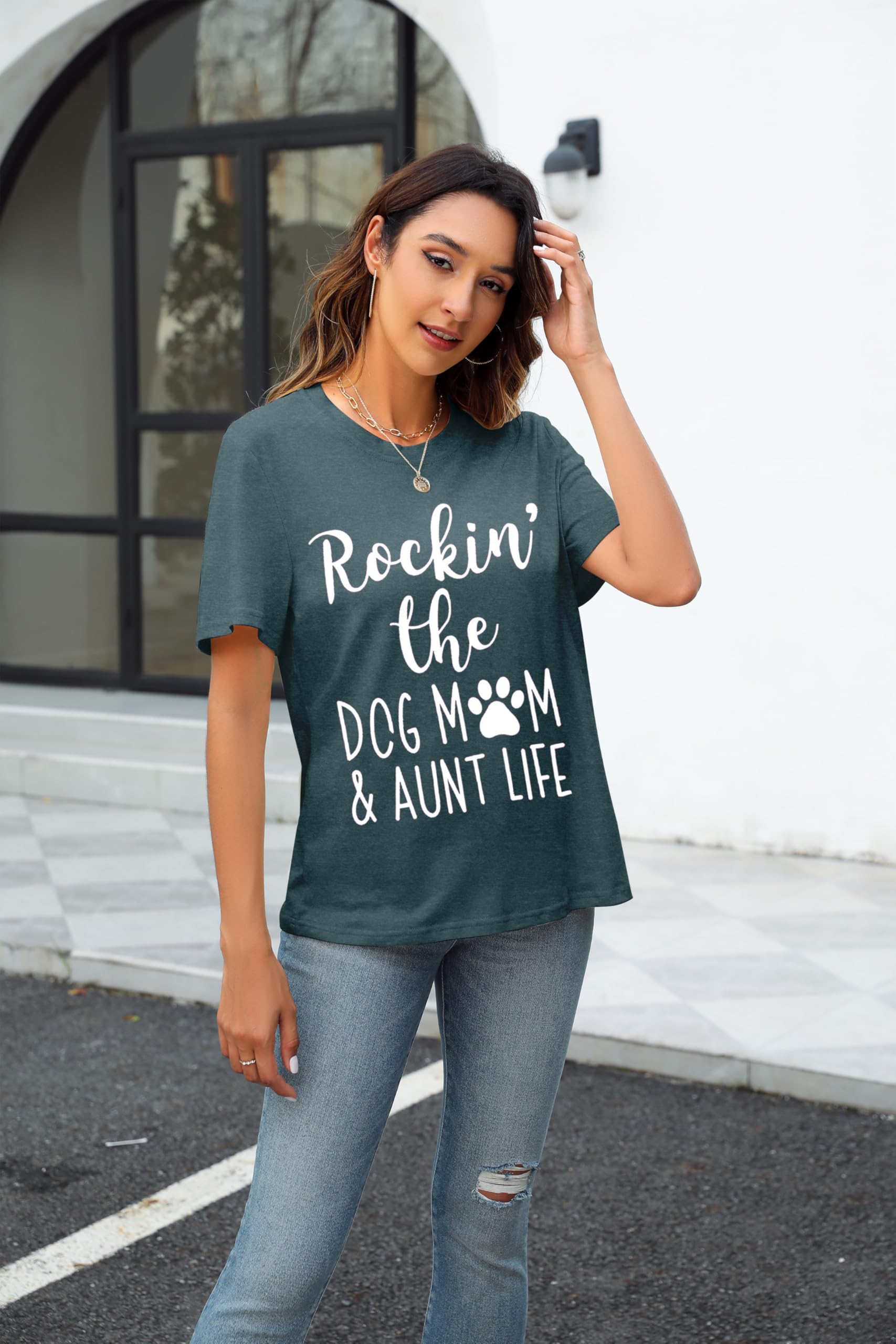Funny Dog Mom T-Shirt for Women - Cute Dog Paw Graphic Tee - Rockin' The Dog Mom Aunt Life - Perfect Gift for Dog Lovers - Short Sleeve Top - Great for Casual Wear, Dog Parks & Pet Lover Events