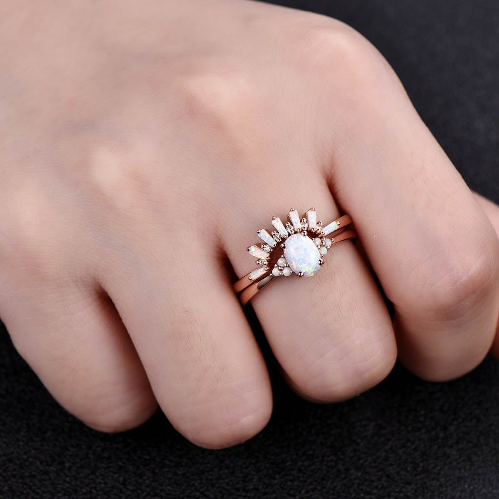 Art Deco Opal Engagement Ring Set - Vintage Cluster Opal Wedding Band for Women - Perfect for Proposals, Anniversaries & Bridal Jewelry