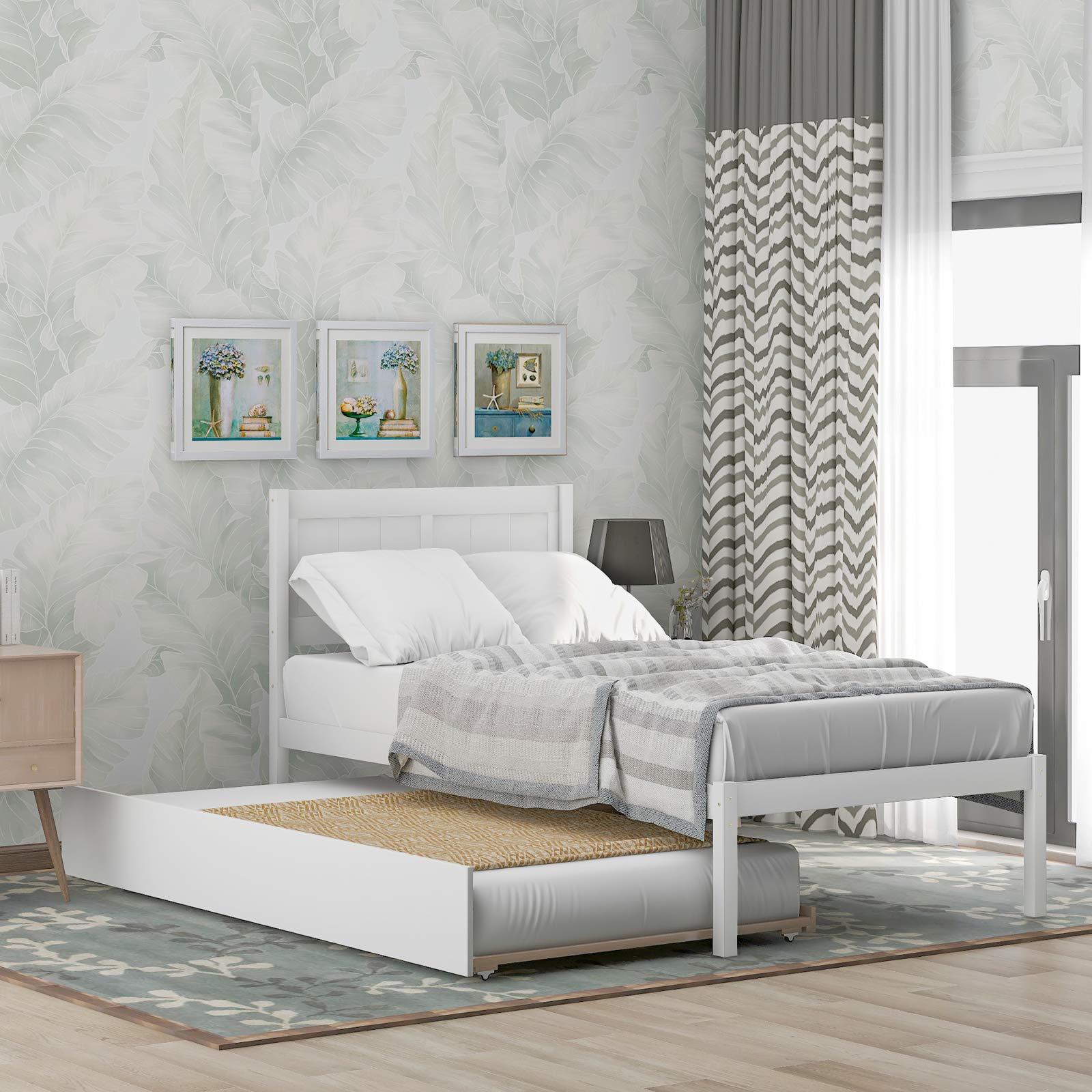 Twin Size Wood Platform Bed with Trundle - Sturdy Solid Wood Frame for Kids & Teens - Space-Saving Bedroom Furniture for Small Rooms, Guest Rooms & Dormitories