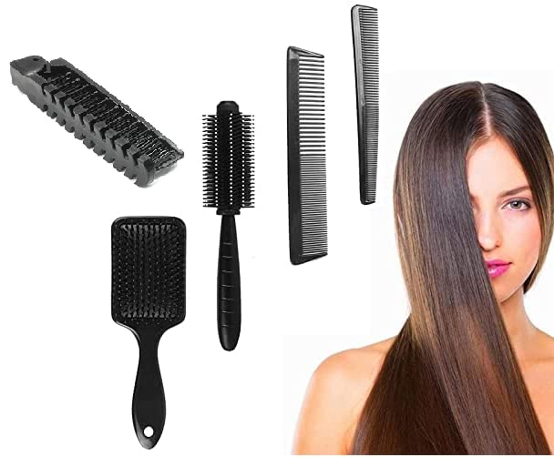 5-Piece Bristle Hair Brush and Comb Set for Women, Men & Kids - Detangling Paddle Brush & Travel Styling Brush for Wet/Dry Hair - Smoothing & Scalp Massage - Perfect for Home, Travel & Salon Use