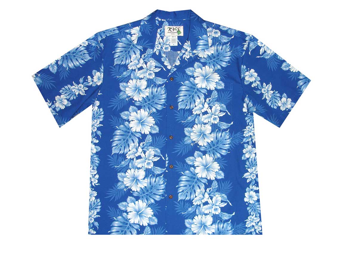 Blue Hibiscus Print Men's Aloha Shirt - 100% Cotton Hawaiian Casual Button Down Shirt for Beach Vacation, Summer Party & Tropical Getaway