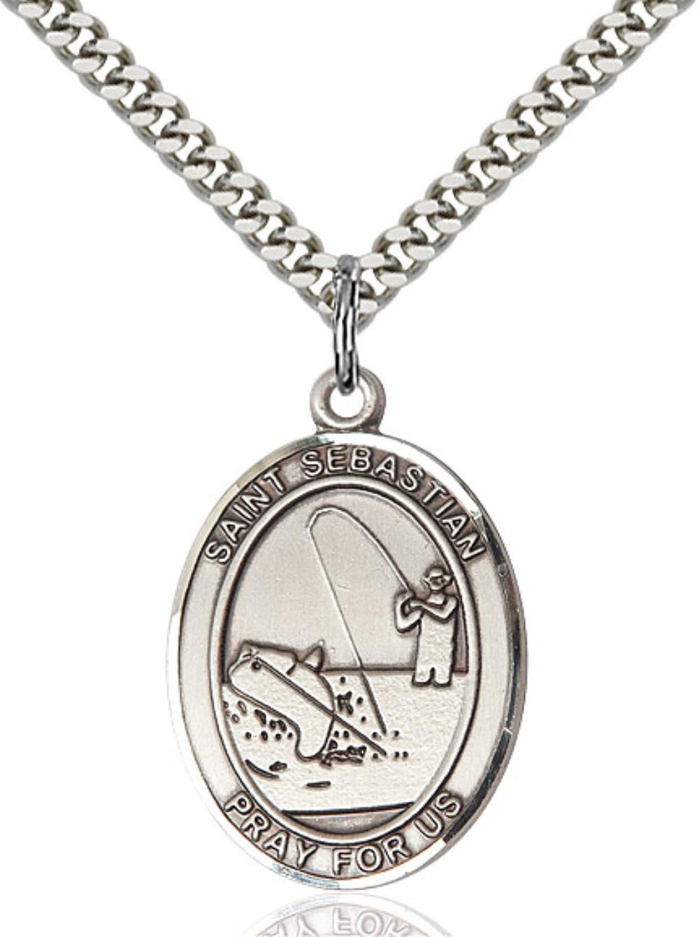 Men's Sterling Silver Oval Saint Sebastian Fishing Medal with Chain – Handmade in USA – Perfect for Outdoor Enthusiasts, Fishing Trips, and Religious Gift Giving