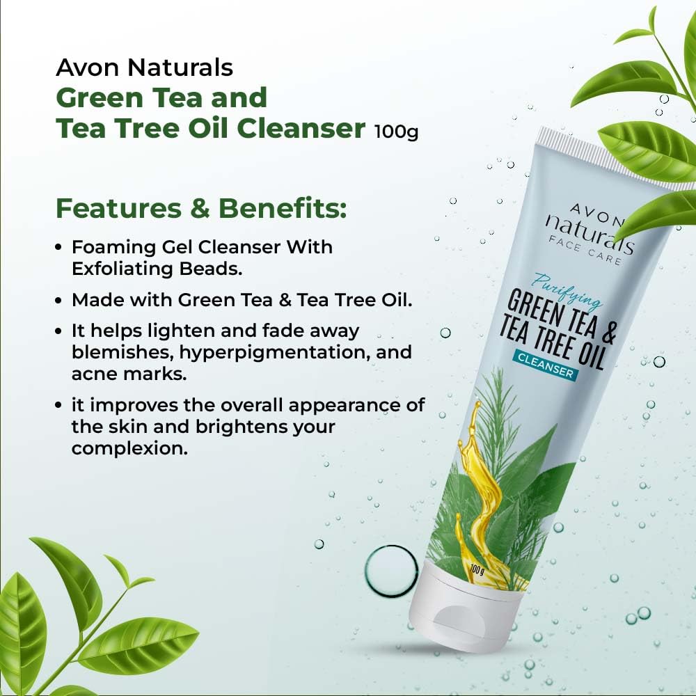 AVON Naturals Green Tea & Tea Tree Oil Facial Cleanser 100g - Deep Cleansing for Acne-Prone & Oily Skin | Gentle Daily Face Wash for Men & Women