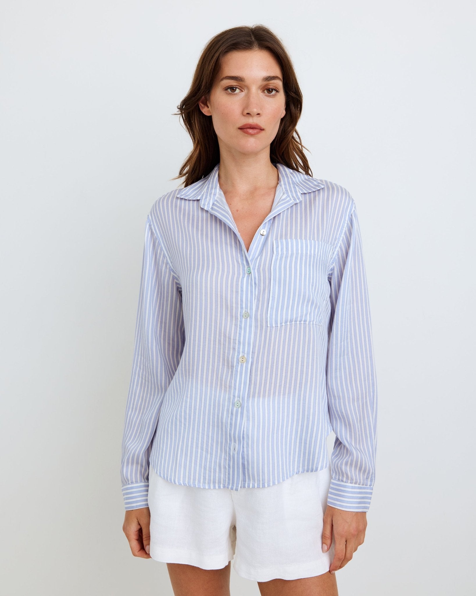 Oversized Split Back Button Down Shirt - Provence Peri Stripe | Women's Fashion Linen Top for Casual Wear & Summer Outfits