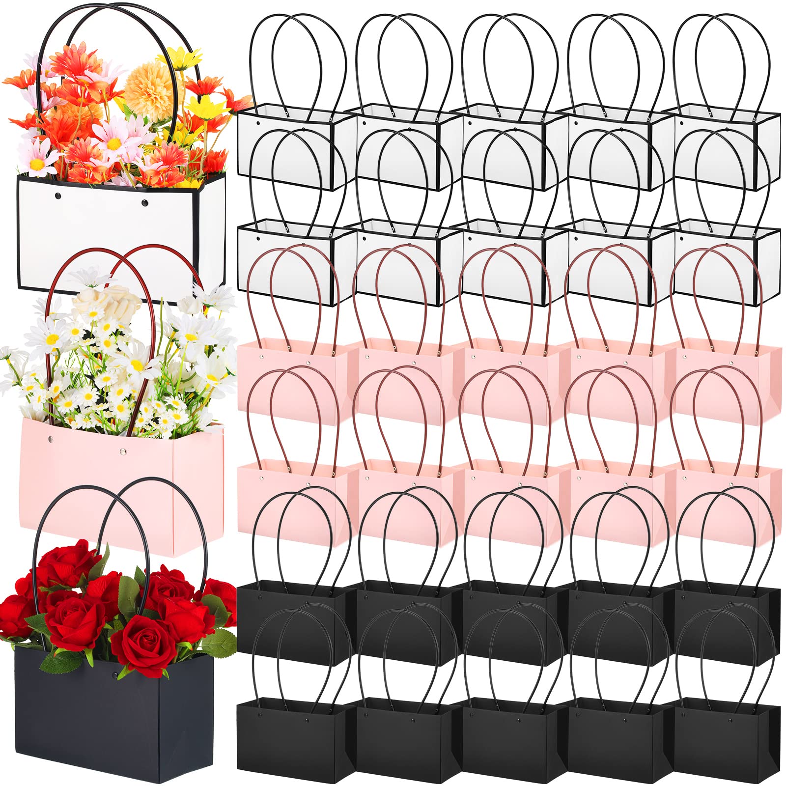 Geelin 30 Pcs Waterproof Flower Gift Bags - Rectangle Paper Bouquet Box with Handles for Floral Arrangements | Florist Supplies for Mother's Day, Wedding, Birthday Party Decor (Black, Pink, White, Classic) | Perfect for Flower Shops, Event Decorations & Gift Wrapping