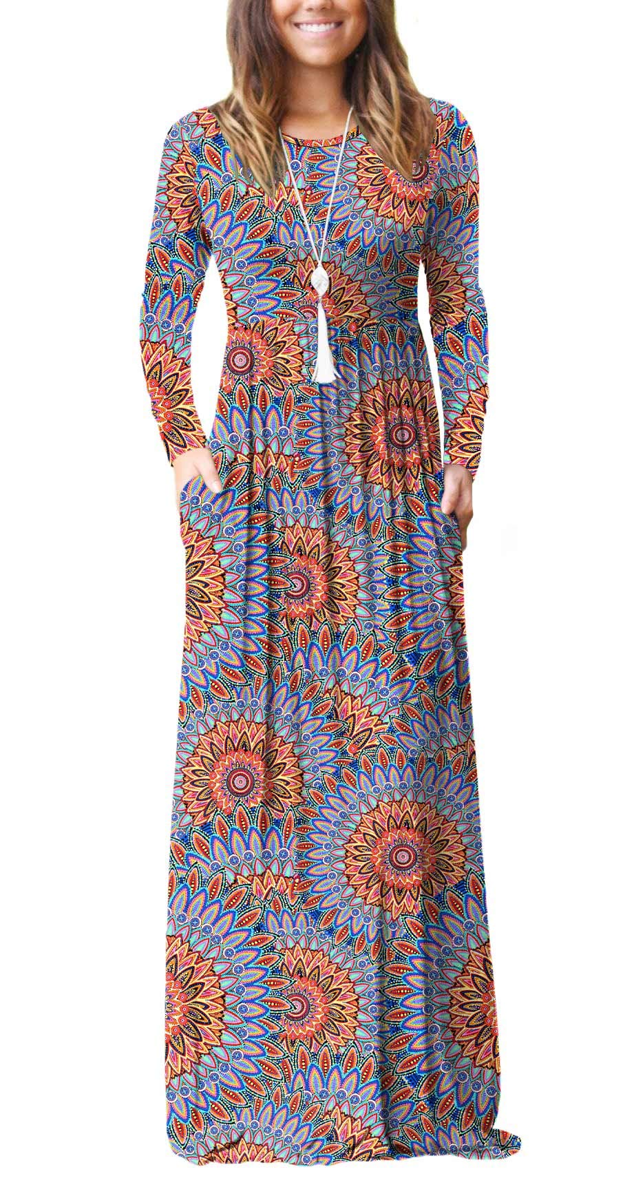 GRECERELLE Women's Long Sleeve Casual Maxi Dress with Pockets - Loose Plain Flowy Midi Dress for Everyday Wear, Beach Cover Up & Boho Outfits