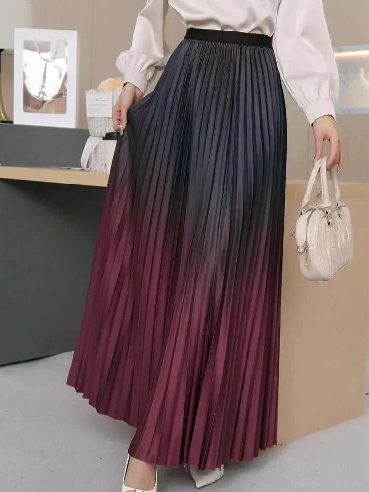 Women's Floor Length Long Pleated Maxi Skirt - Gradient Color Patchwork Design for Casual & Elegant Style - Perfect for Summer Outfits, Beach Vacations, and Boho Fashion Looks