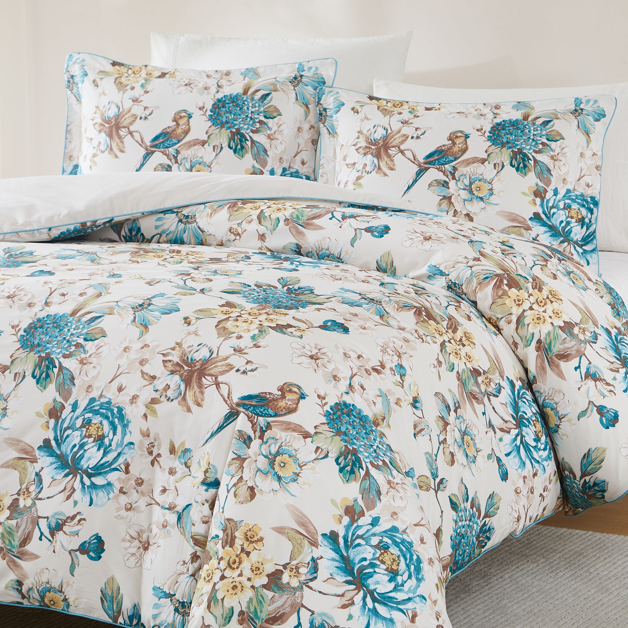 Reversible Cotton Duvet Cover Set with Bird & Hydrangea Floral Design - Soft Bedding for Master Bedroom, Guest Room & Dorm Decor