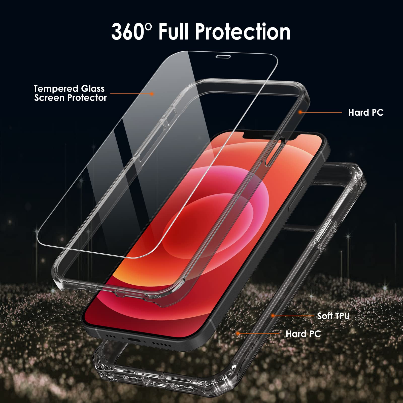 JETech iPhone 12/12 Pro Case 6.1 Inch with 2-Pack Tempered Glass Screen Protector - 360° Full Body Shockproof Bumper Cover, Clear Back Protective Phone Case (Black) | Perfect for Outdoor Activities, Travel & Daily Protection