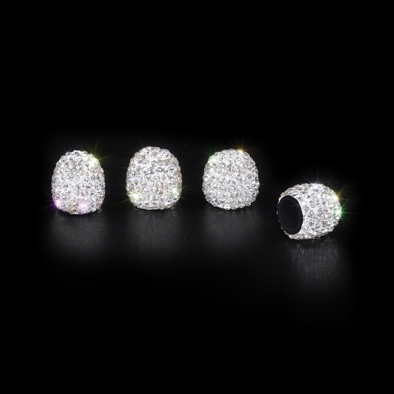 SAVORI 4 Pack Handmade Crystal Rhinestone Tire Valve Caps - Elegant White Dustproof Car Accessories for Wheels, Perfect for Luxury Vehicles & Gift Giving