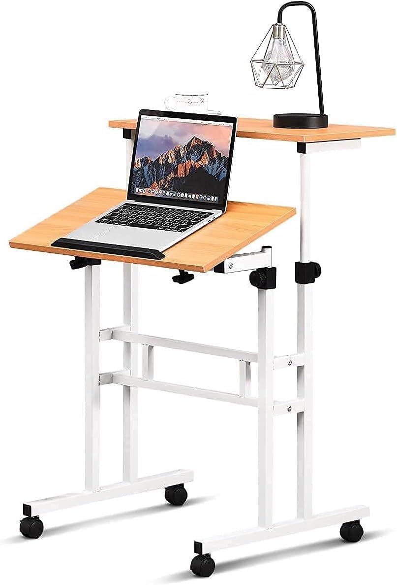 Tangkula Mobile Standing Desk - Height Adjustable Laptop Cart with Tilting Tabletop, Rolling Computer Desk with Lockable Wheels & 2 Hooks for Home Office | Perfect for Remote Work, Online Classes & Small Workspaces