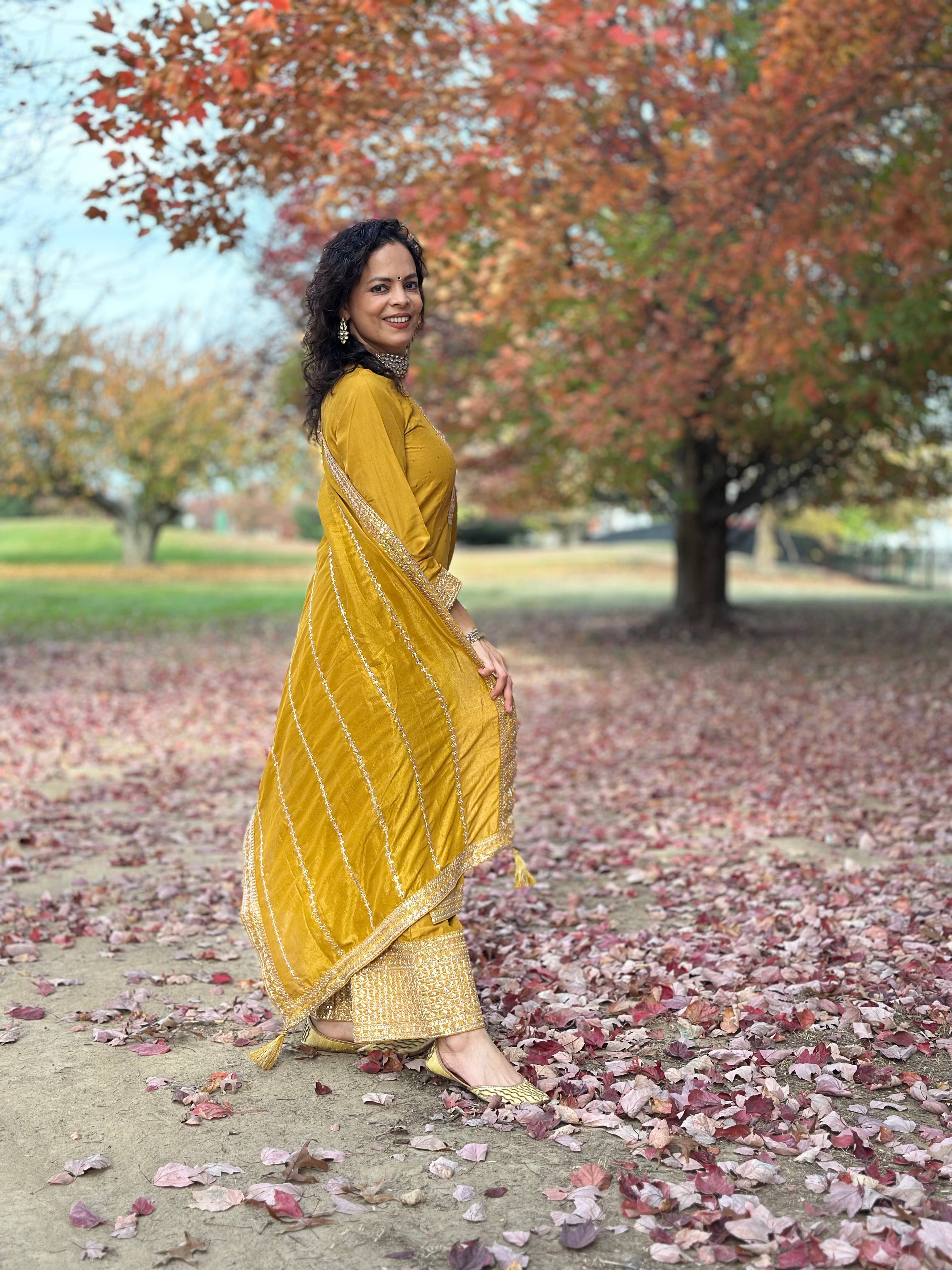 Mustard Yellow Silk Blend Suit Set for Women | Elegant Festive Outfit for Diwali, Weddings & Special Occasions | Breathable & Comfortable Party Wear