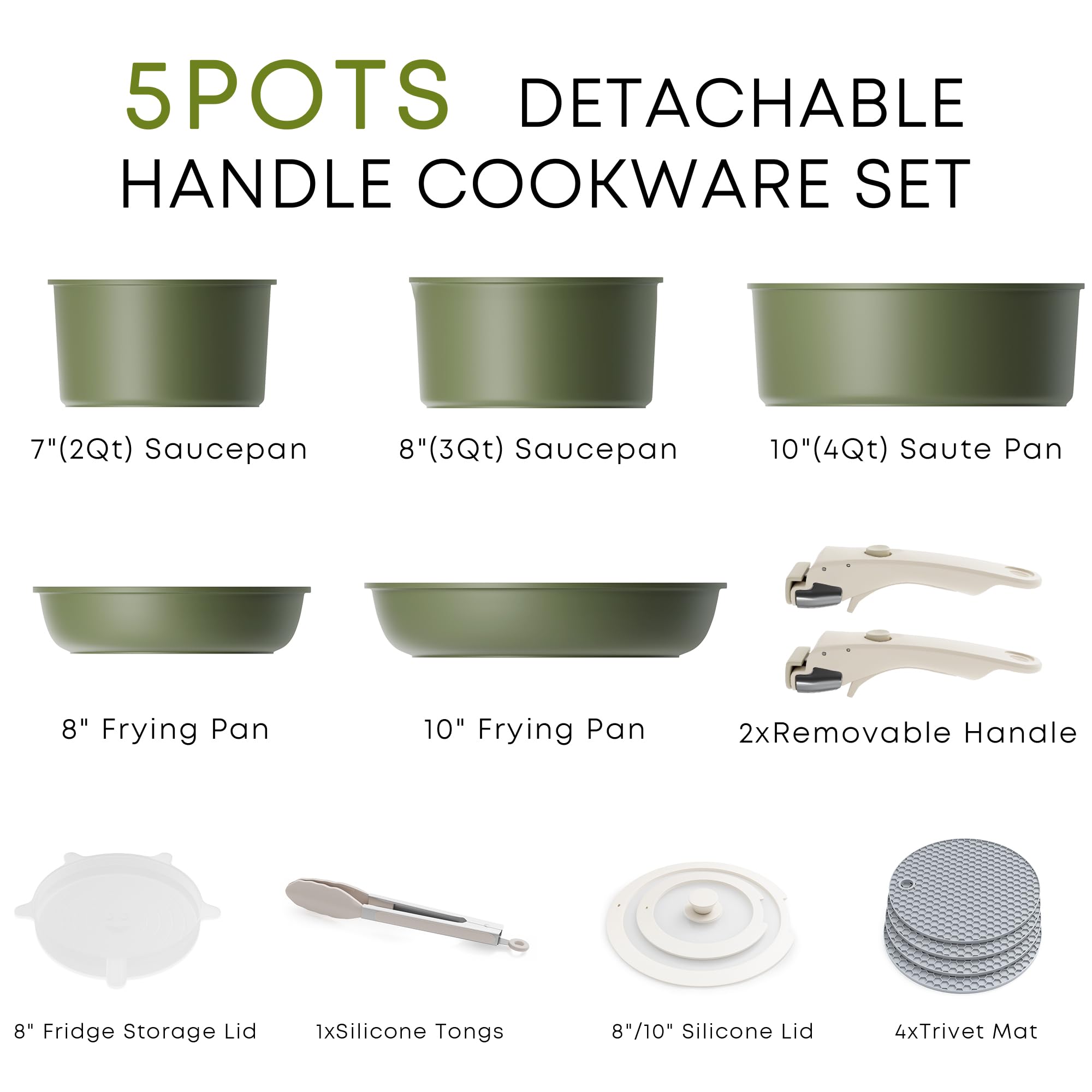 **Caannasweis Detachable Nonstick Cookware Set - 5-Piece Stackable Induction Pots & Pans with Removable Handles, Dishwasher Safe - Perfect for RV Camping, Oven & Stovetop Use (Green) - Ideal for Small Kitchens, Outdoor Cooking & Easy Storage**