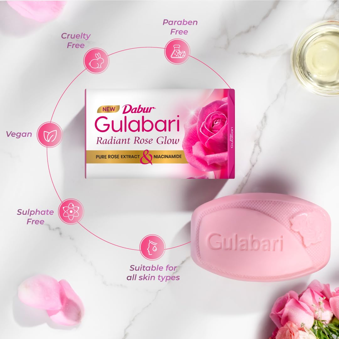 Dabur Gulabari Pure Rose Soap 150g (Pack of 4) - Moisturizing Bath Bar with Rose Extract, Glycerin & Niacinamide for Glowing Skin - Long Lasting Floral Fragrance - Unisex Body Wash Soap for Daily Shower & Spa Relaxation