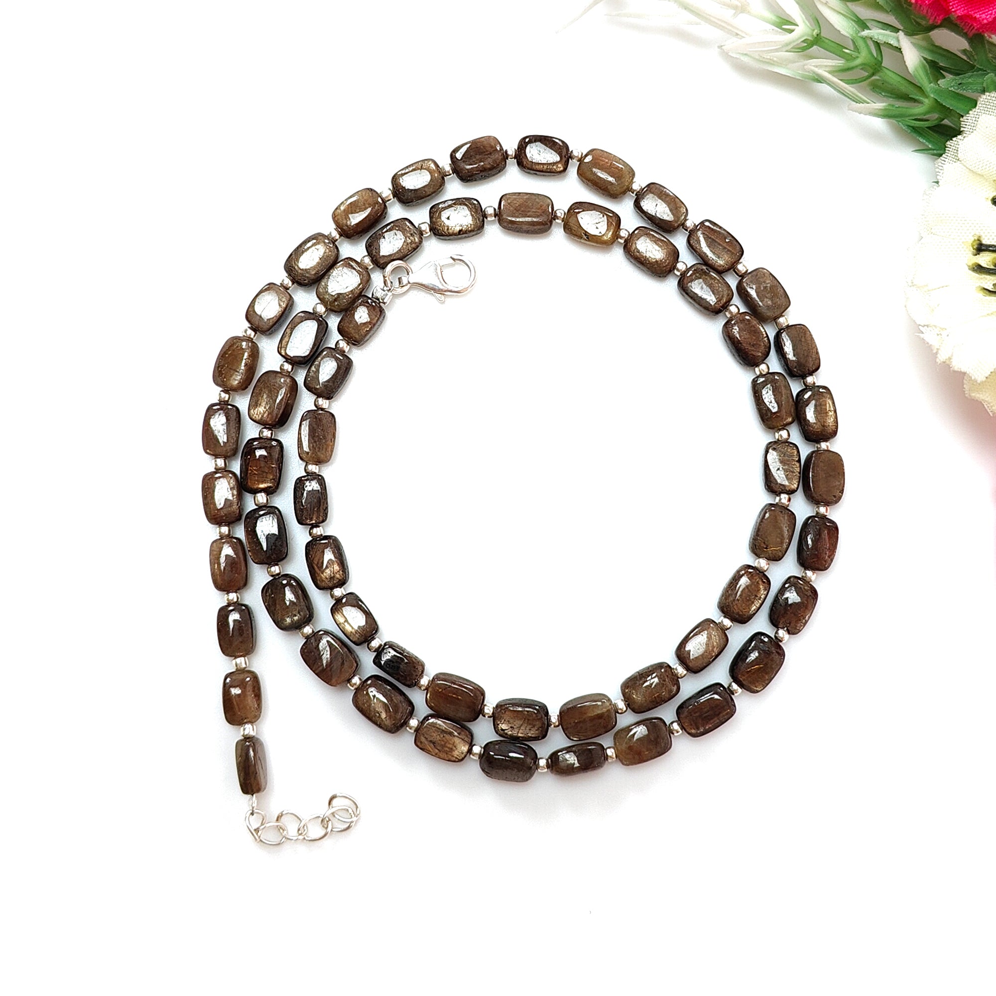Golden Brown Chocolate Sapphire Gemstone Beads Necklace - 925 Sterling Silver with Natural Plain Cushion Sapphire (5x4mm & 6x5mm) - 18.31g Elegant Jewelry for Women, Perfect for Weddings, Parties & Special Occasions