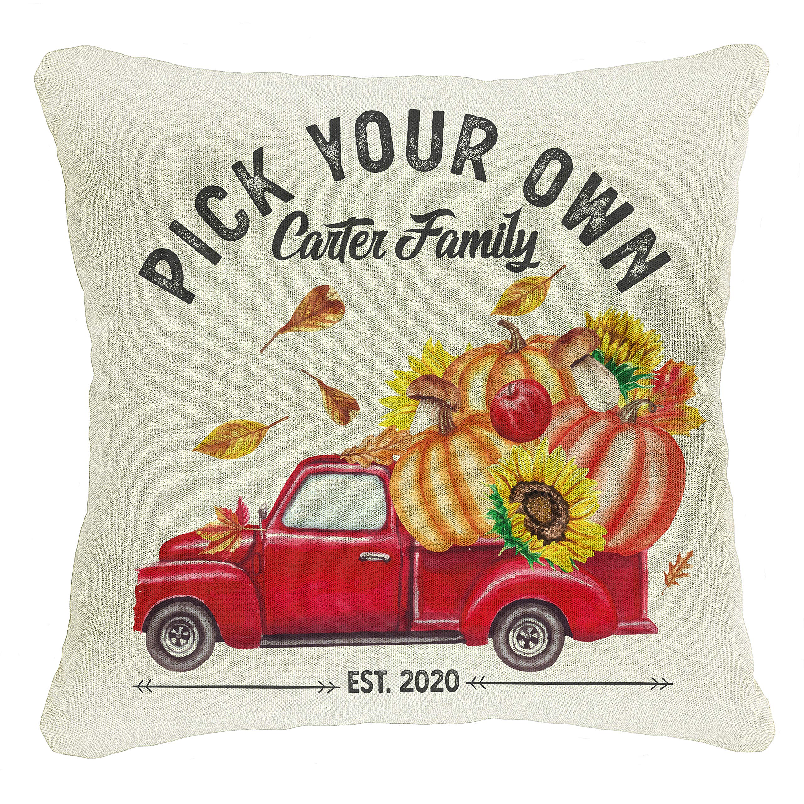 Custom 18x18 Personalized Throw Pillow Cover - Home Decor Gift for Housewarming, Christmas, Anniversary, Mother's Day & Birthday | Fall Thanksgiving Decor with Red Pumpkin Truck Design | Perfect for Living Room, Bedroom & Seasonal Home Decoration