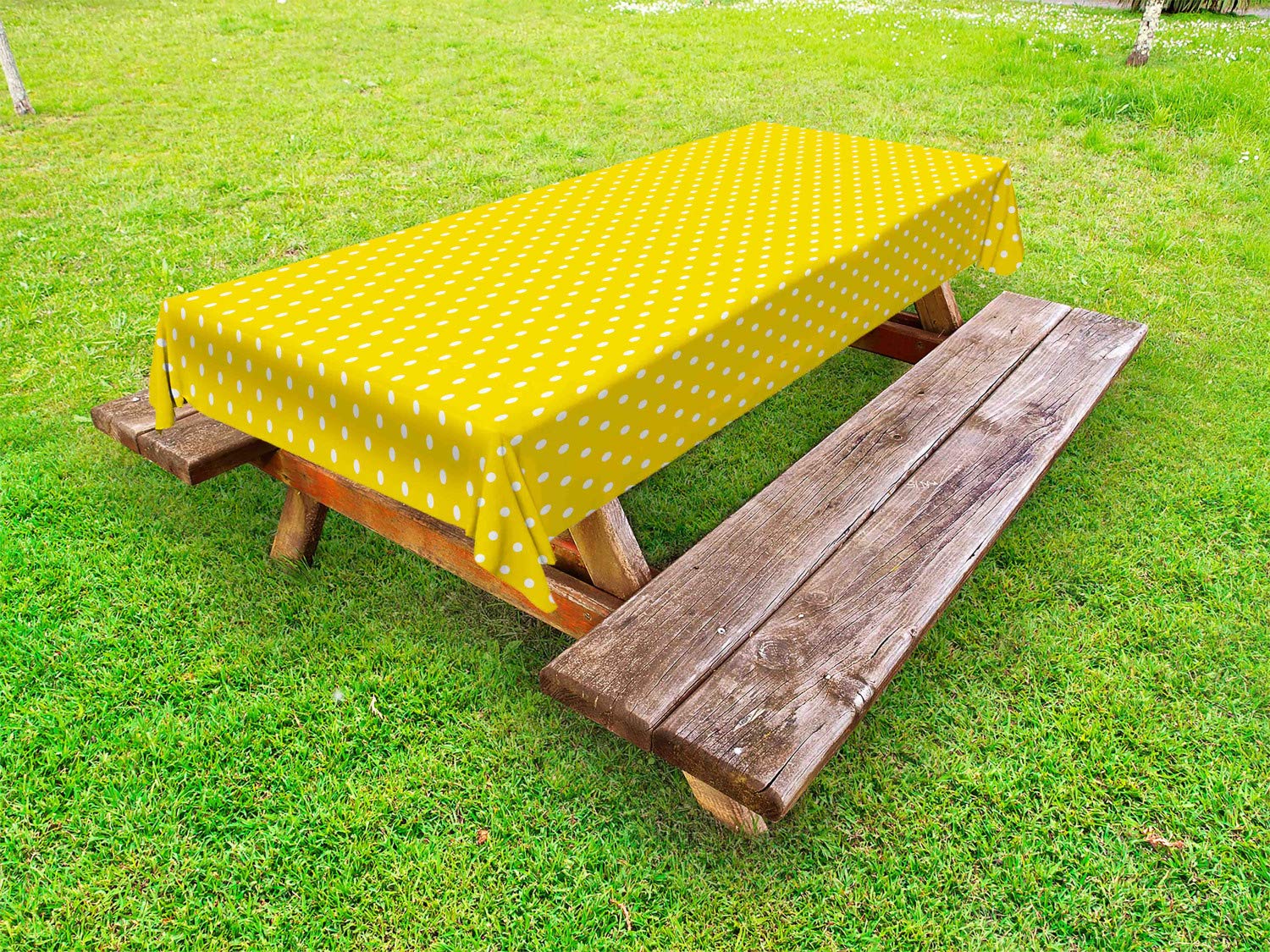 Ambesonne Vintage Yellow and White Polka Dot Outdoor Tablecloth - 58