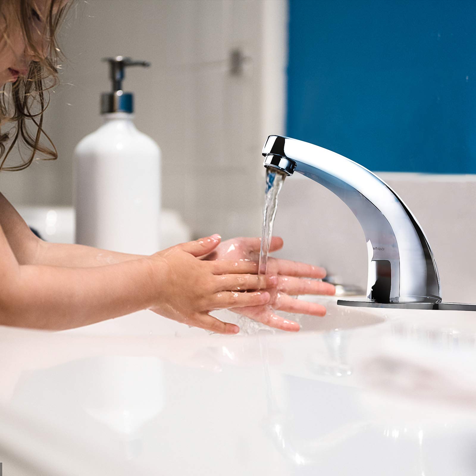 Chrome Automatic Touchless Bathroom Faucet - Hands Free Sensor Sink Faucet with Control Box & Hole Cover Plate (IT-202) - Ideal for Modern Homes, Public Restrooms & Water-Saving Applications