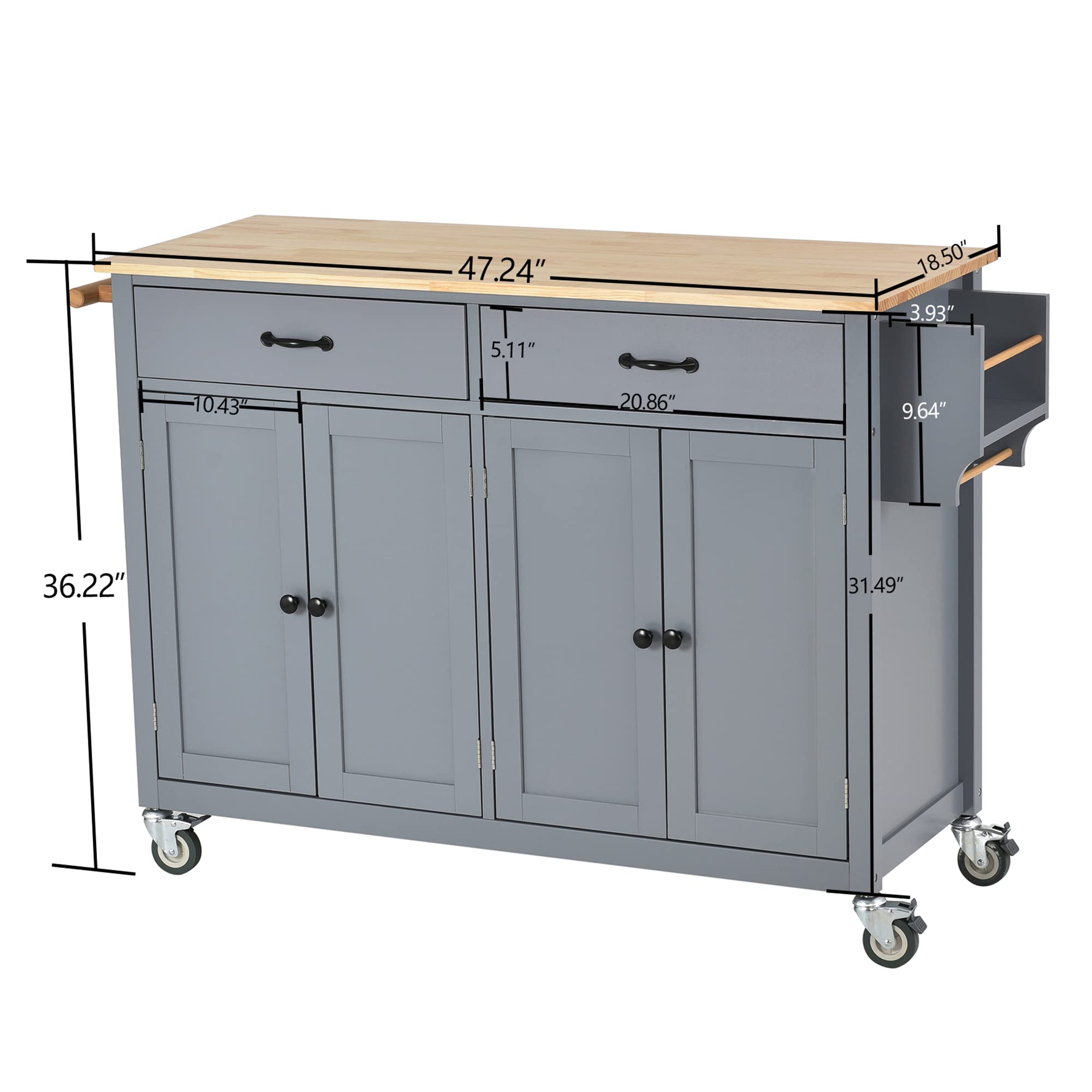 P PURLOVE Kitchen Island with Storage Cabinets & Drawers, Large Double Door Cabinet with Solid Wood Top, Towel Rack & Spice Rack - Dusty Blue | Perfect for Small Kitchen Organization, Extra Counter Space & Cooking Prep