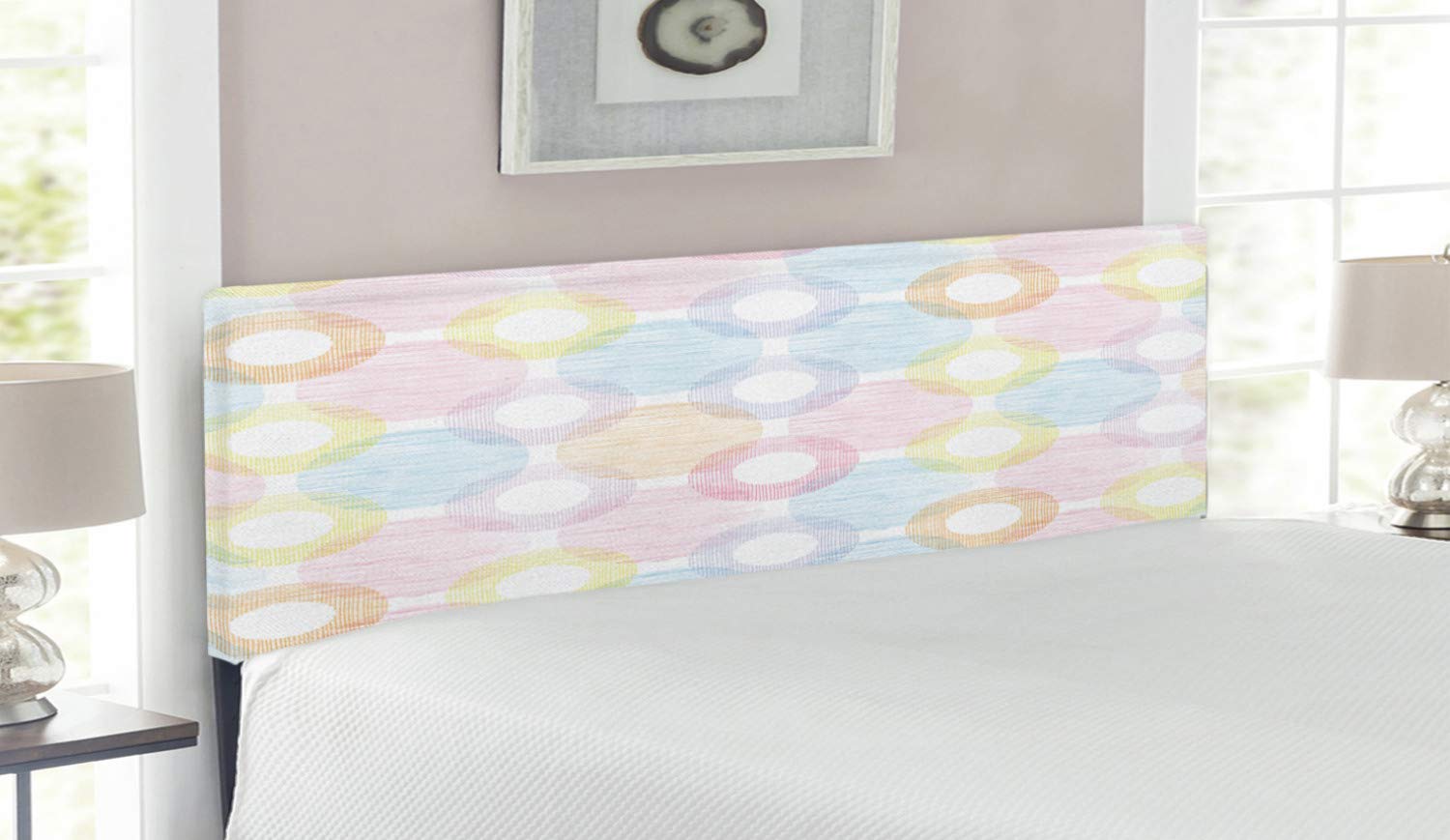 Ambesonne Pastel Upholstered Headboard with Memory Foam - Geometric Ring & Dot Design, Symmetrical Feminine Pattern, Queen Size Bed Frame for Girls Bedroom, Teen Room Decor & Master Bedroom Makeover