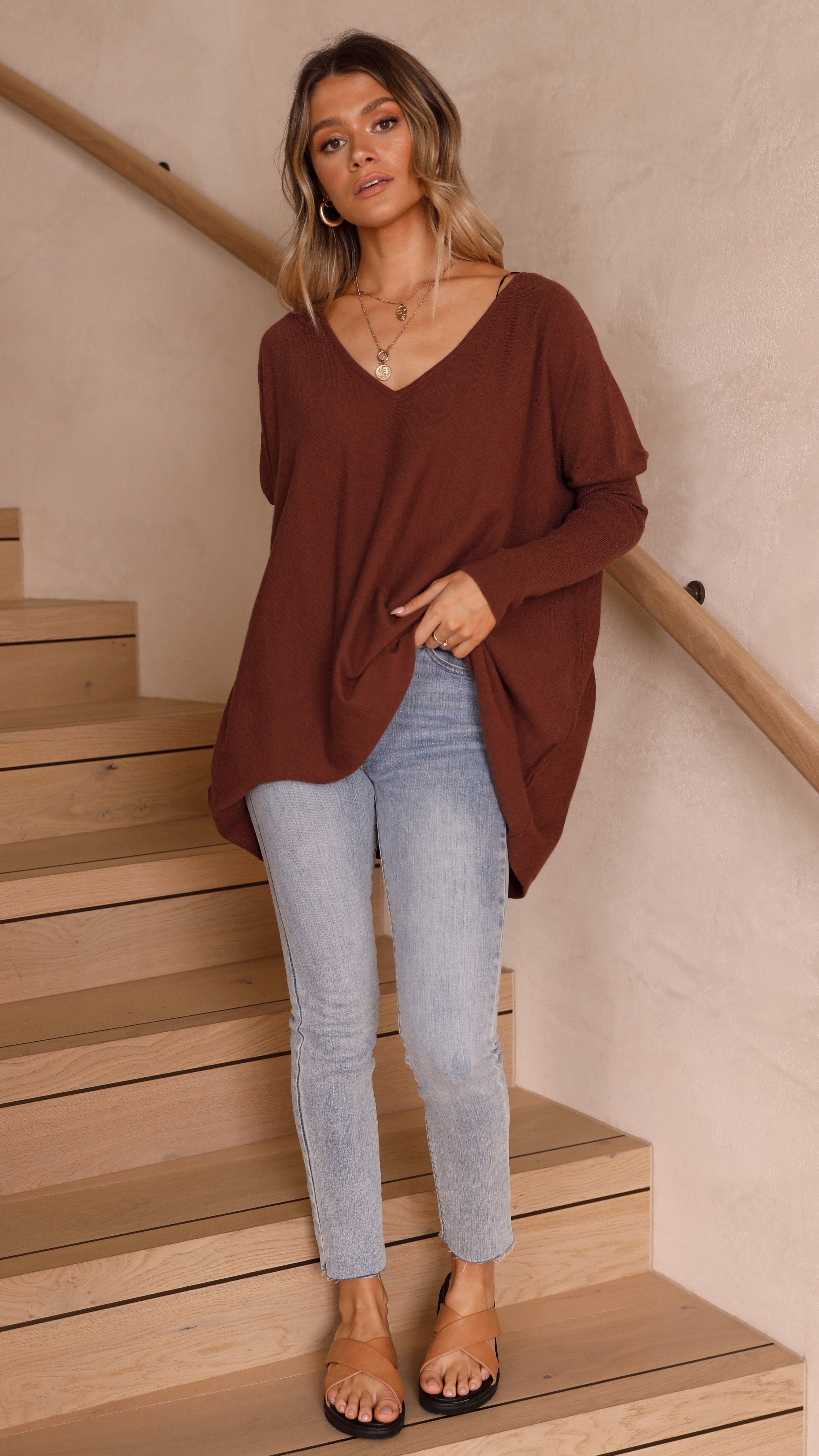 Amalia Knit Top Women's Casual Long Sleeve Sweater Chocolate Brown - Perfect for Fall Layering & Office Wear