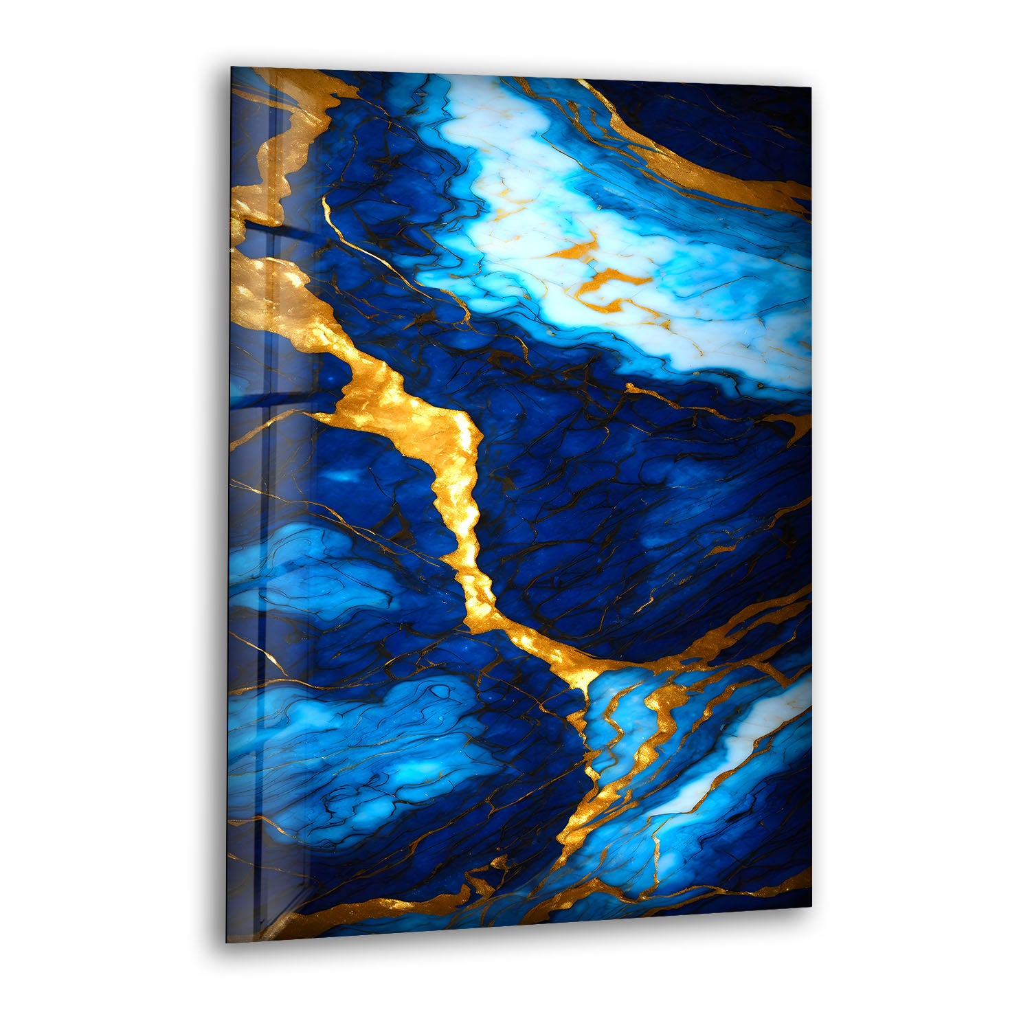 Blue and Gold Marble Wall Art - Elegant Glass Print with Rich Veins & Deep Texture | Modern Luxury Home Decor for Living Room, Bedroom & Office