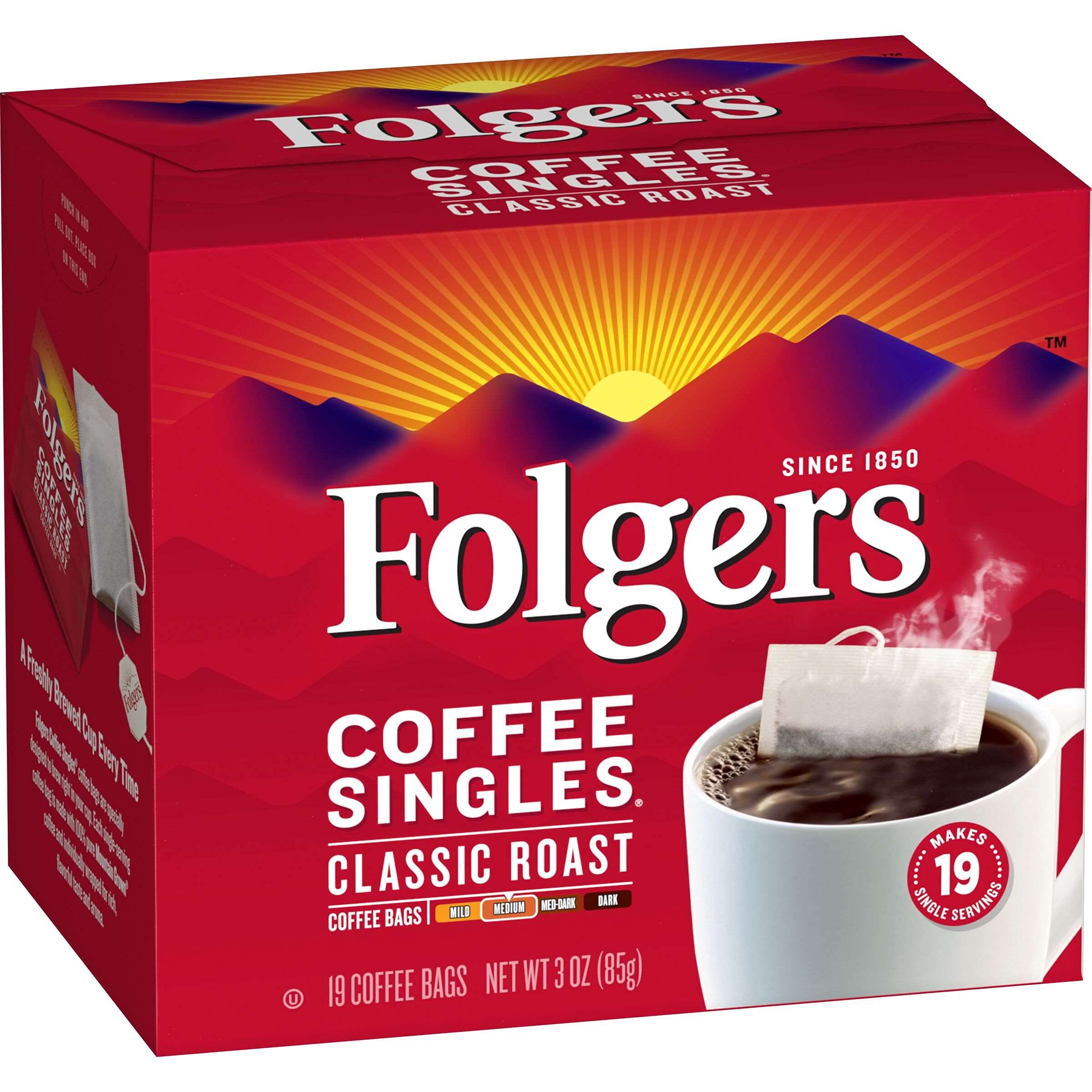 Folgers Classic Roast Coffee Singles - 19 Pre-Measured Coffee Bags for Quick & Easy Brewing - Perfect for Office, Travel, and Camping