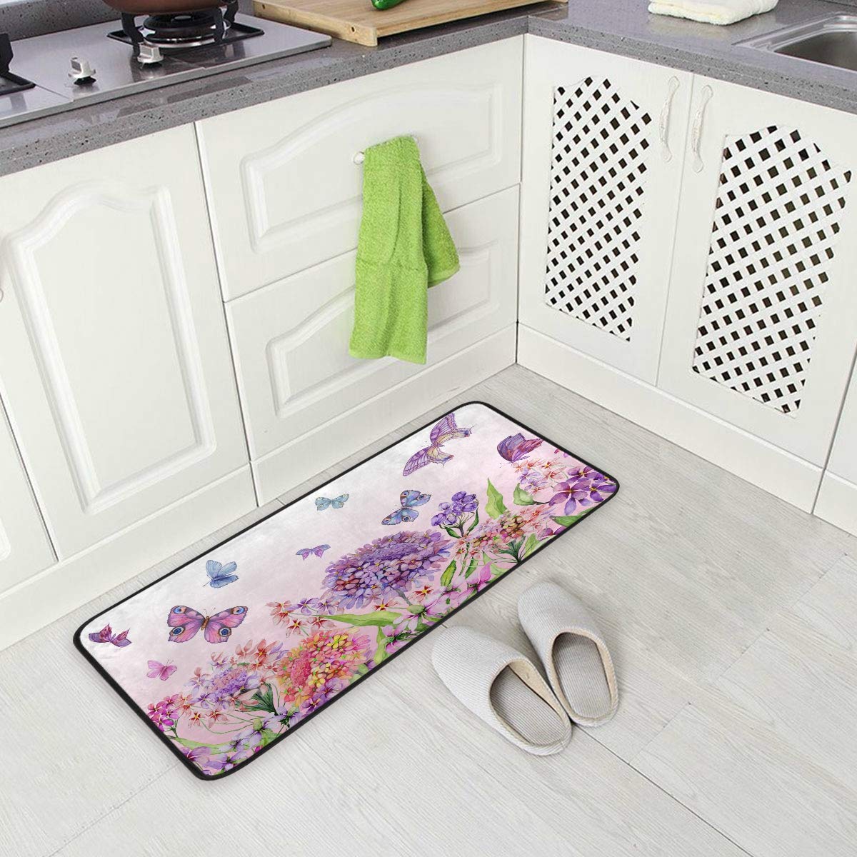 MOYYO Non-Slip Kitchen Mat with Vivid Flowers & Butterflies - Anti-Fatigue Comfort Floor Mat, Oil & Stain Resistant, Easy to Clean - Perfect for Kitchen, Bathroom, Indoor & Outdoor Use