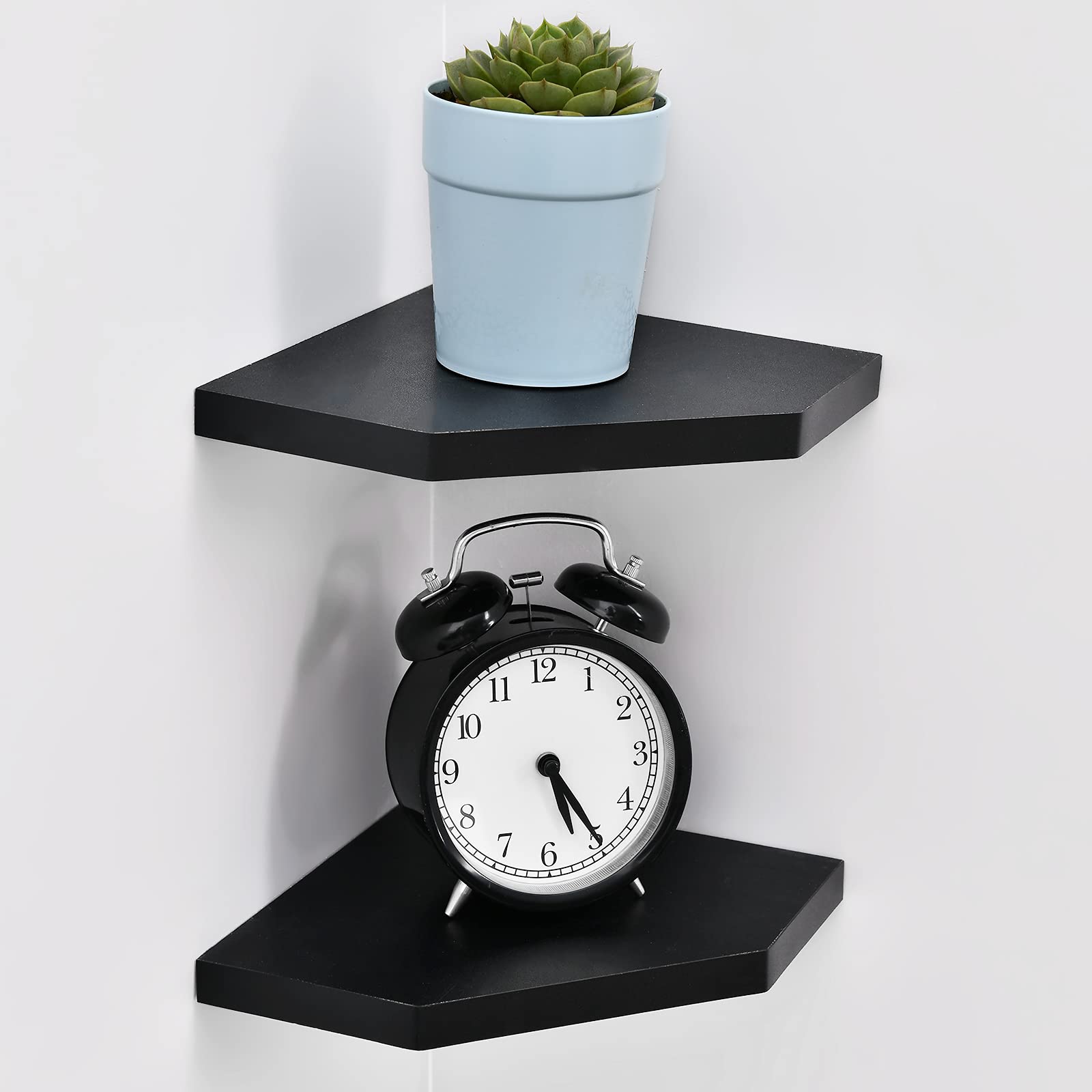 WELLAND 7-Inch Black Floating Corner Shelves Set of 2 - Wall Mounted Storage Shelves with White Finish for Bedroom, Living Room & Bathroom - Perfect for Displaying Small Plants, Photo Frames, Toys & Home Decor