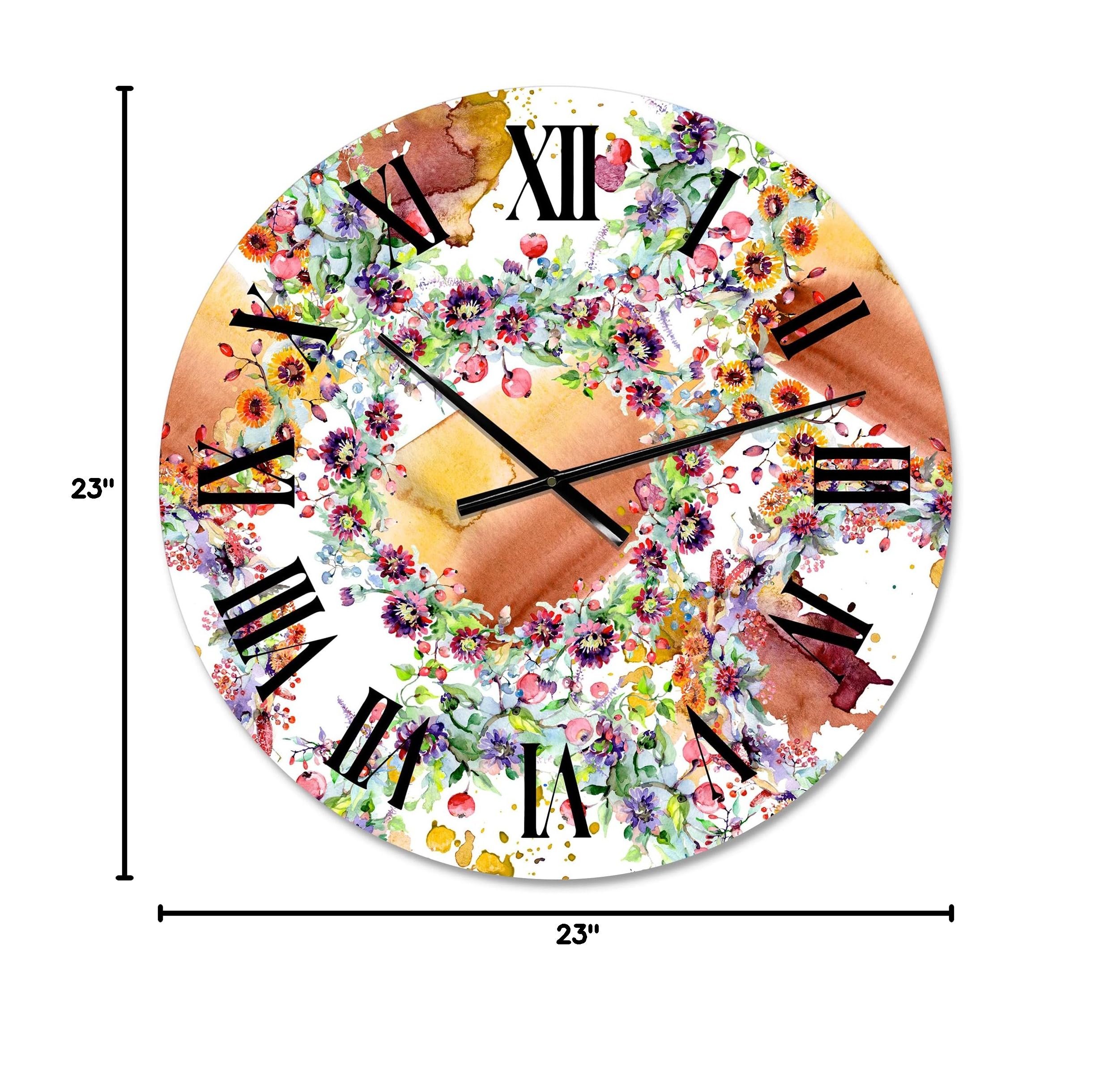 DesignQ Modern Wall Clock - Vibrant Wild Spring Leaves, Wildflowers & Berries Floral Botanical Large Wall Clock for Kitchen, Living Room, Bedroom Decor | Perfect for Home, Office & Farmhouse Style