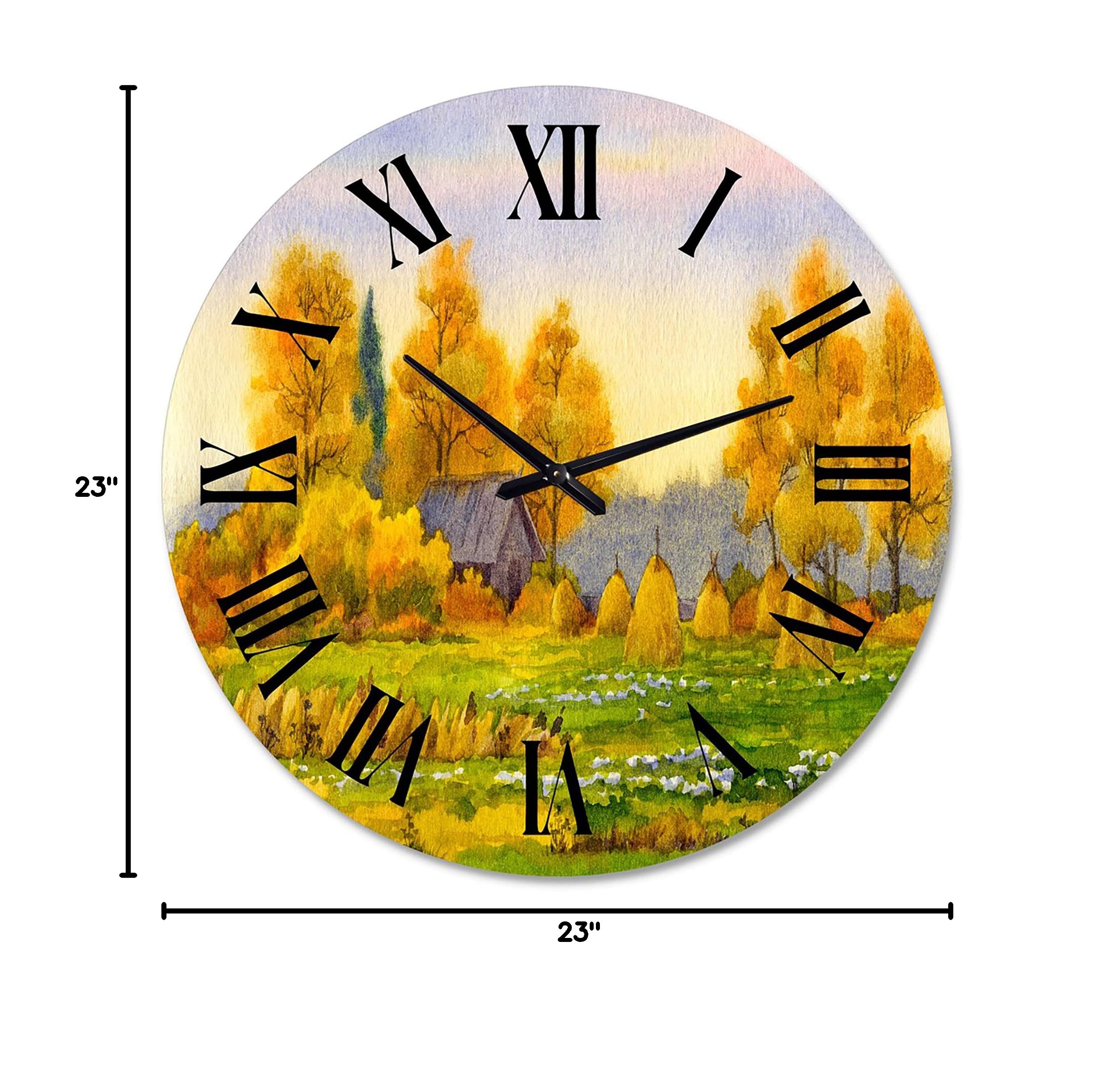 DesignQ Lake House Wall Clock 'Haystacks On Orange Fields II' - Large Landscape Nature Wall Clock for Home, Office & Cabin Decor - Perfect for Living Room, Bedroom or Country Style Interior