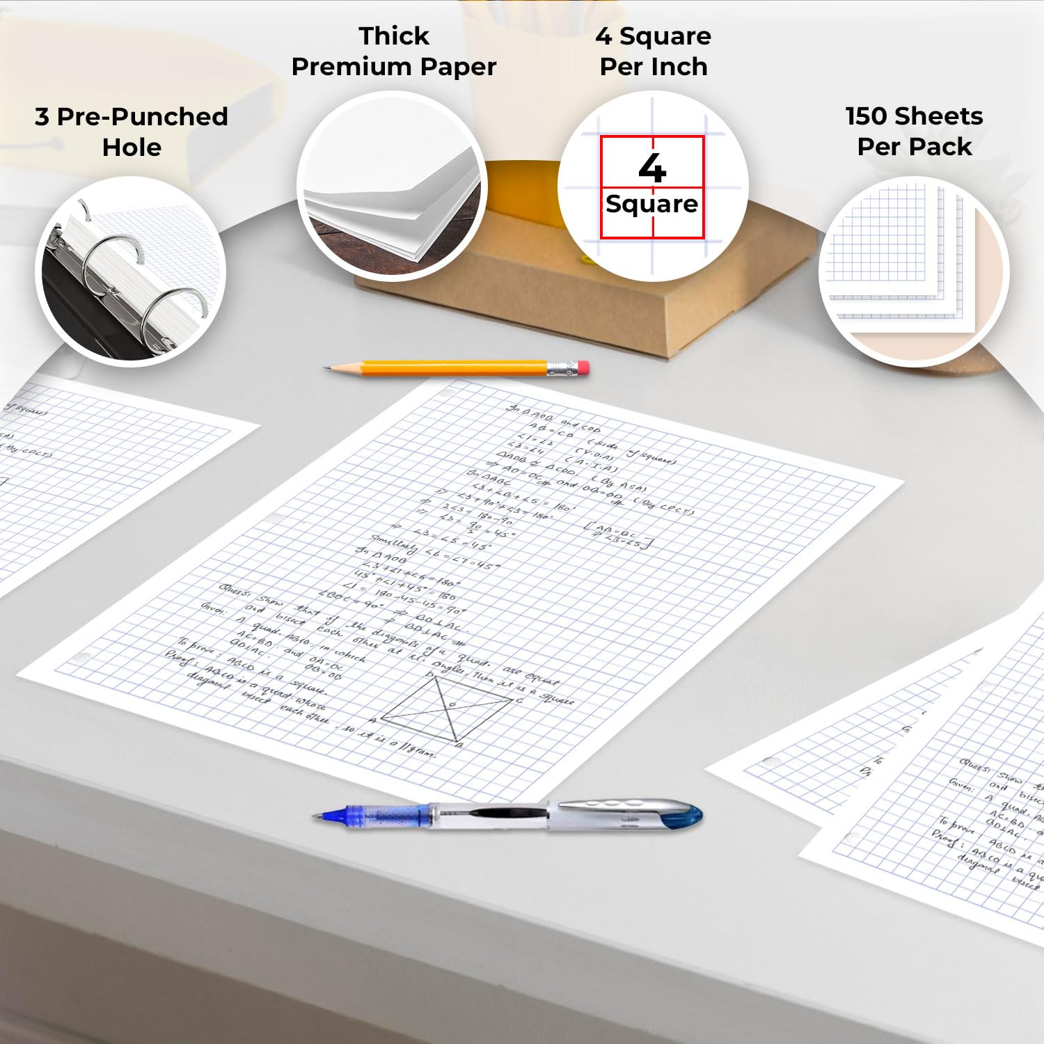 4x4 Grid Graph Paper 3 Pack - 450 Sheets, 8