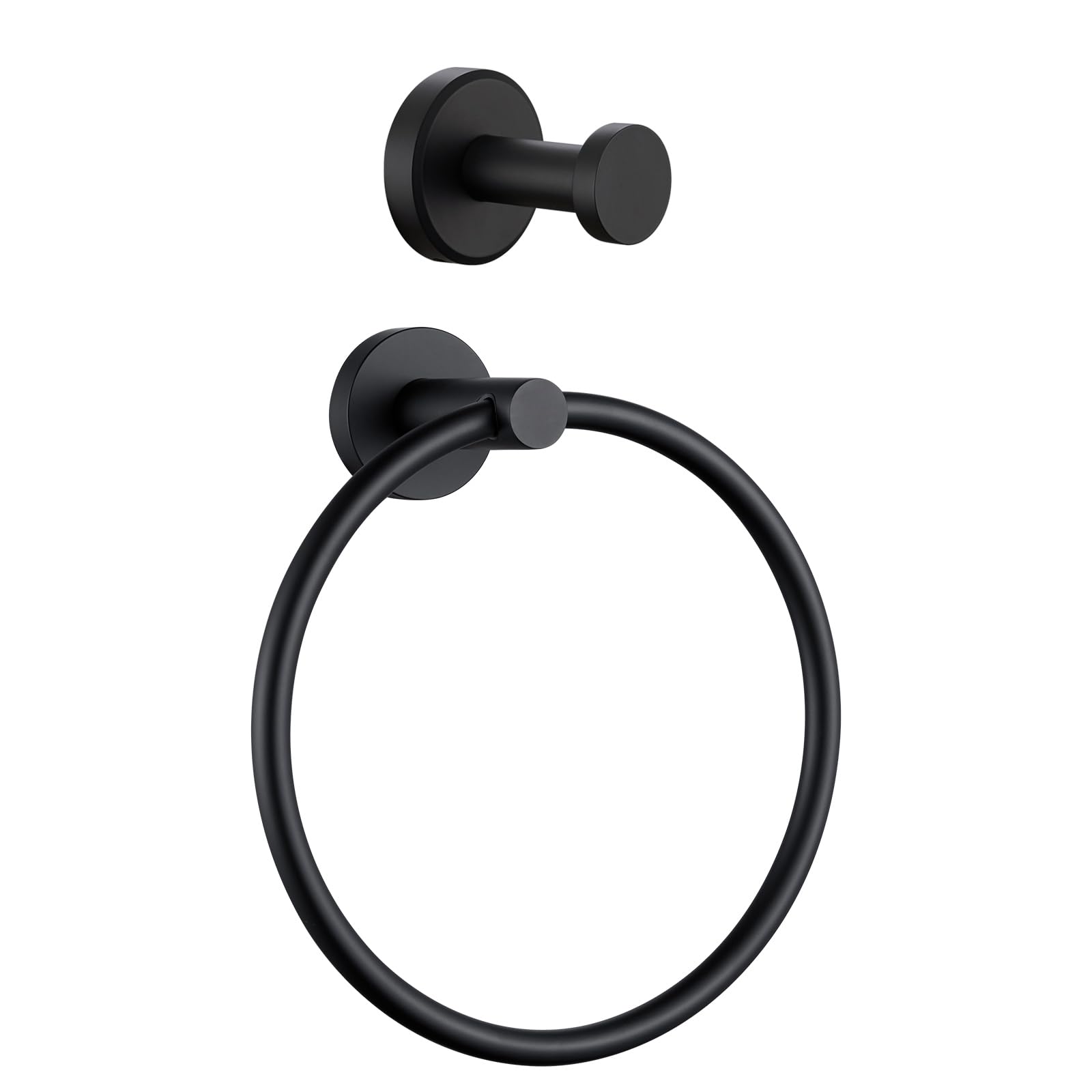 Round Single Towel Hook and Ring Set - Matte Black Bathroom Accessories for Towels, Robes & Hats - Perfect for Bathroom, Kitchen, Laundry Room and Entryway Organization